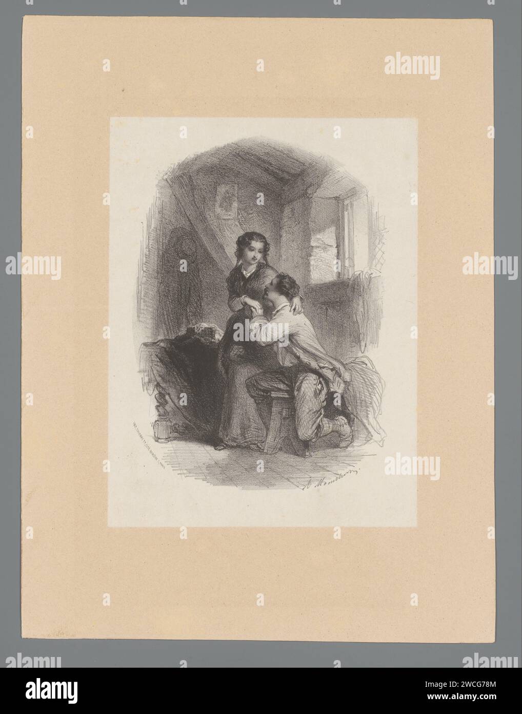 Liebespaar in einem einfachen Dachzimmer, Adolphe Mouilleron, 1833 - 1870 Druckpapier Paris. Ein paar Liebhaber. Dachgeschoss, Ausformung Stockfoto
