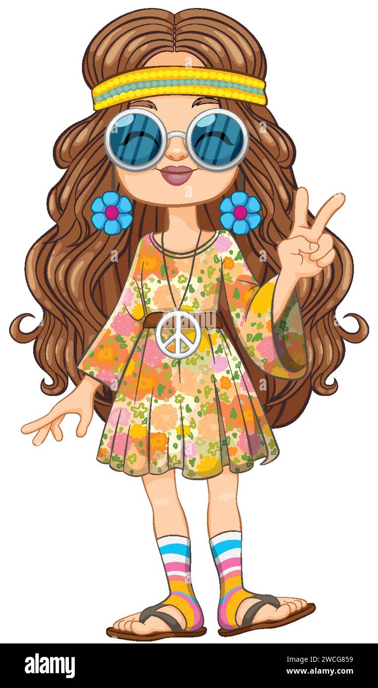 Cartoon eines Mädchens in farbenfroher Hippie-Kleidung. Stock Vektor