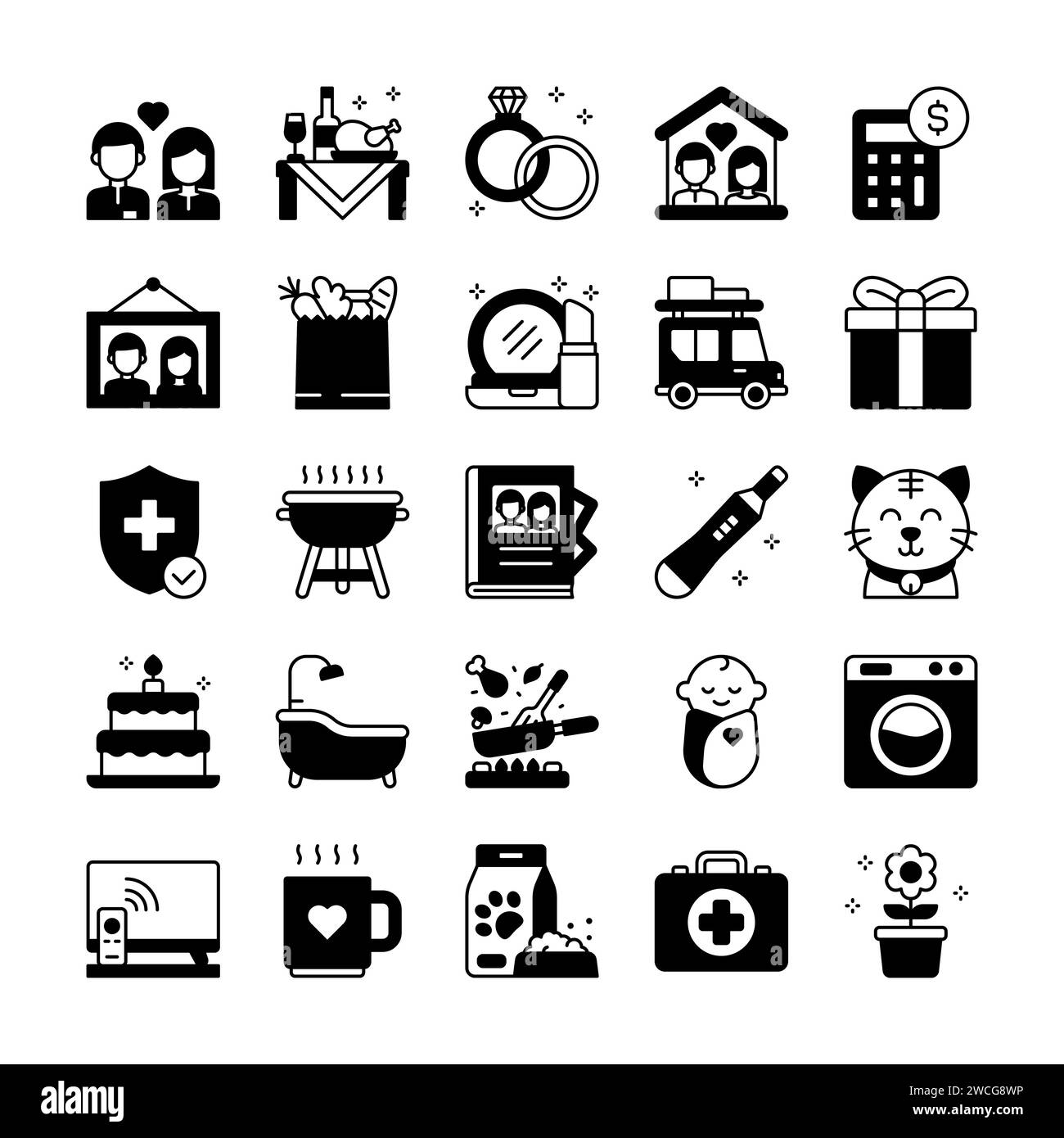 Familienleben und tägliche Aktivität zu Hause im soliden Glyphen-Stil Stock Vektor