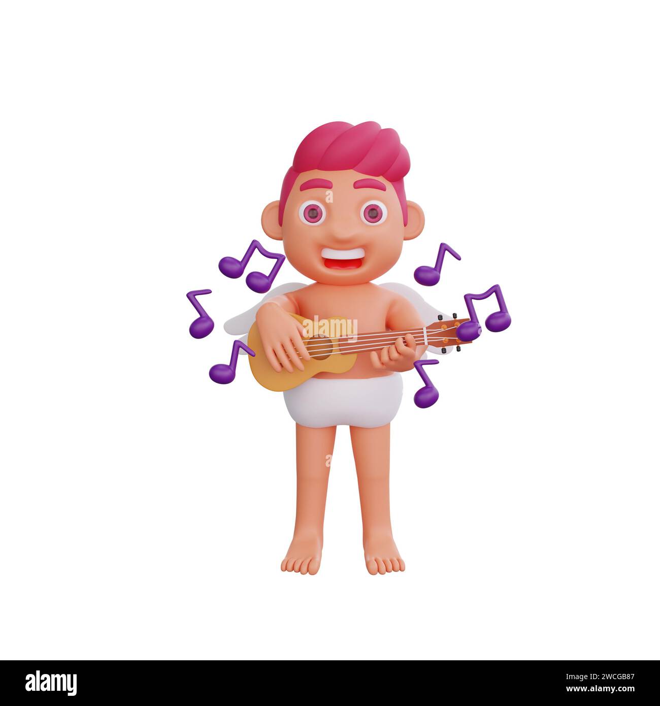 3D-Illustration der Figur Valentine Cupid, die eine Ukulele spielt, umgeben von schwebenden Musiknoten, die das Wesen musikalischer Freude einfangen, perfekt für sie Stockfoto