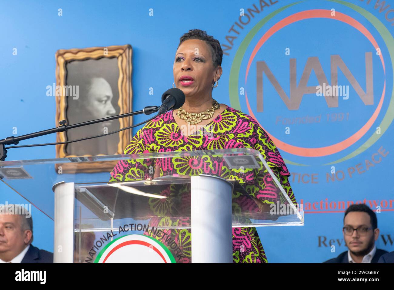 New York, Usa. Januar 2024. Adrienne Adams, Sprecher des New Yorker Stadtrates, spricht während eines Martin Luther King Jr. Tagesveranstaltung in Harlem in New York City. (Foto: Ron Adar/SOPA Images/SIPA USA) Credit: SIPA USA/Alamy Live News Stockfoto