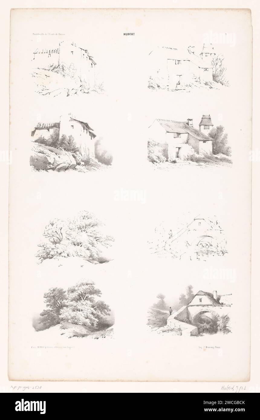 Vier Aufführungen mit Bäumen und Häusern in zwei Zeichenschritten, Jean Baptiste Louis Hubert, 1853 - 1854 drucken Pariser Papierbäume. Ländliche Wohnungen, z. B. Landhaus, Villa, Ferienhaus Stockfoto