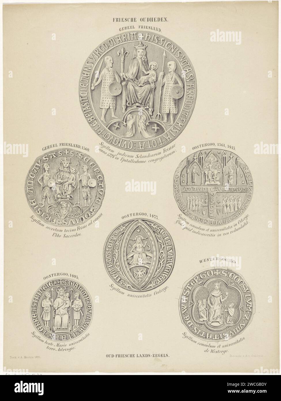 Alte friesische Briefmarken, Andries van Calfsbeek, nach Albert Martin, 1875 gedruckt sind eine große und fünf kleinere Briefmarken. Für jedes Siegel wird angegeben, zu welchem Teil Frieslands es gehört. Auf allen Stempeln befindet sich eine geworfene Figur und der Rand ist mit Text verziert. Auf dem oberen und größten Siegel steht eine Thronmutter Maria mit Christus im Schoß. Links und rechts von ihren wilden Männern mit Schild und Schwert oder Speer. Niederlande Papiersiegel, Stempel Friesland Stockfoto