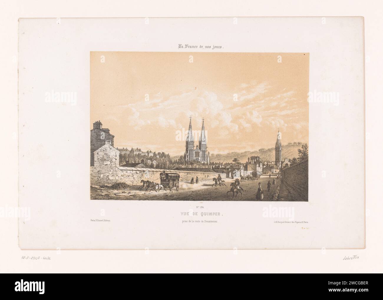Blick auf Quimper von der Straße nach Douarnenez, Louis Lebreton, 1855 - 1859 Druck Paris Papier öffentliche Straße (+ Stadt(-Landschaft) mit Figuren, Personal) Quimper Stockfoto