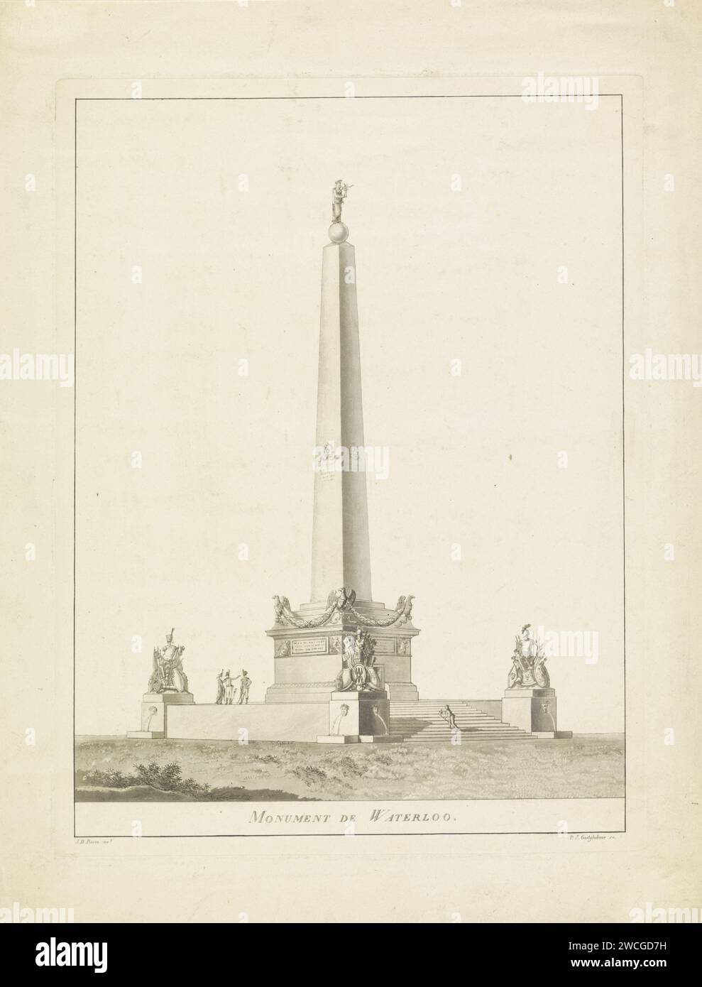 Monument for Waterloo, Pierre Jacques Goetghebuer, nach Jean-Baptiste Pisson, 1815 - 1818 Print Design for a - Not Execute - Monument for the Battle of Waterloo, 18. Juni 1815. Obeslisk auf einem quadratischen Sockel mit Waffentrophäen in den vier Ecken, wahrscheinlich von den Verbündeten. Links ein paar Soldaten auf dem Denkmal, rechts eine Figur auf den Stufen zum Denkmal. Auf dem Obelisken eine allegorische Figur, vielleicht der Frieden. Belgisches Papier-Ätzdenkmal, Statue. Obelisk, Needle Waterloo Stockfoto