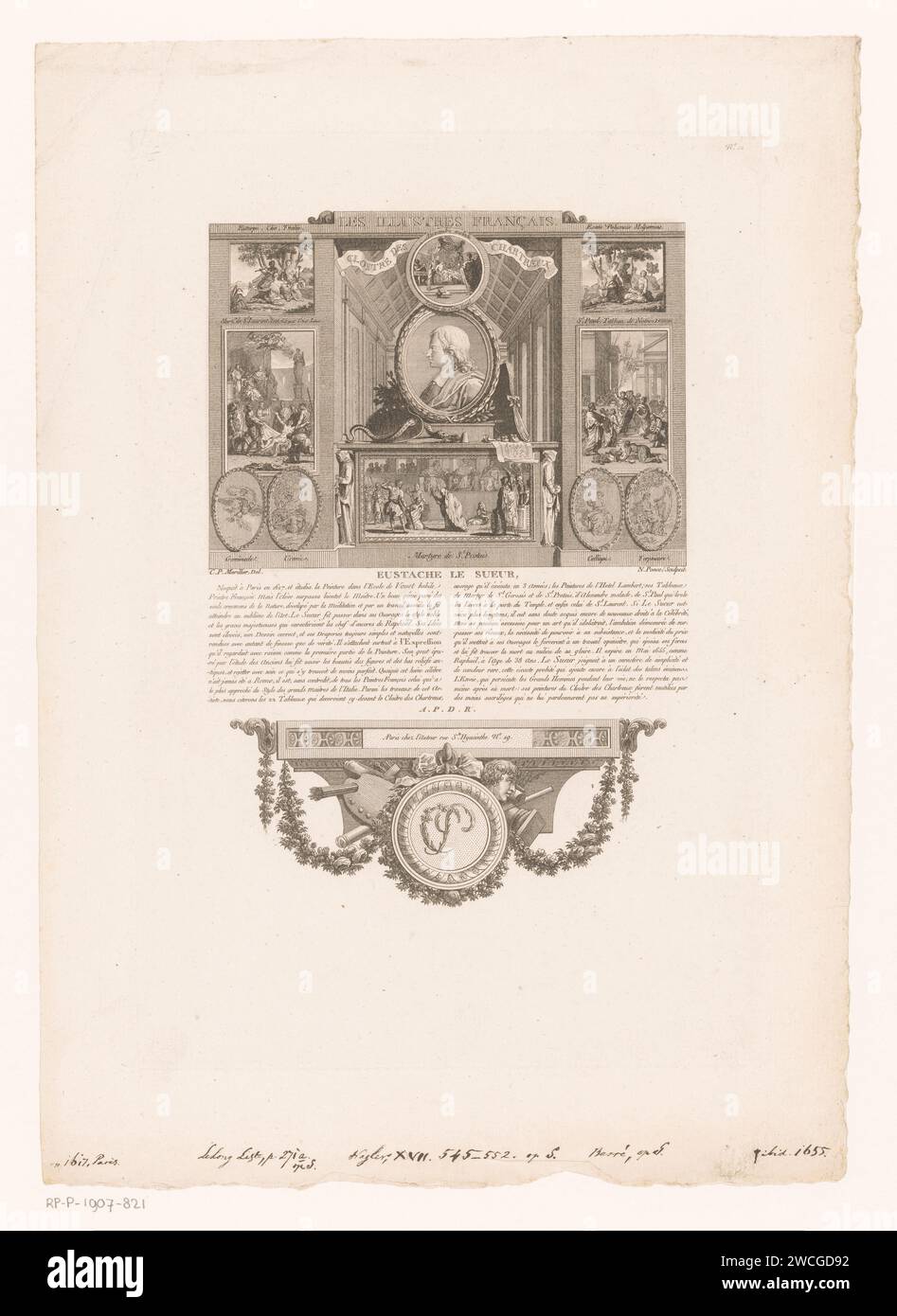 Allegorisch Portret van Eustache Lesueur, Nicolas Ponce, nach Clément Pierre Marillier, 1790 - 1816 Druckverlag: ParisFrance Papierätzung / Gravur historischer Personen. Porträt, Selbstporträt des Malers Stockfoto