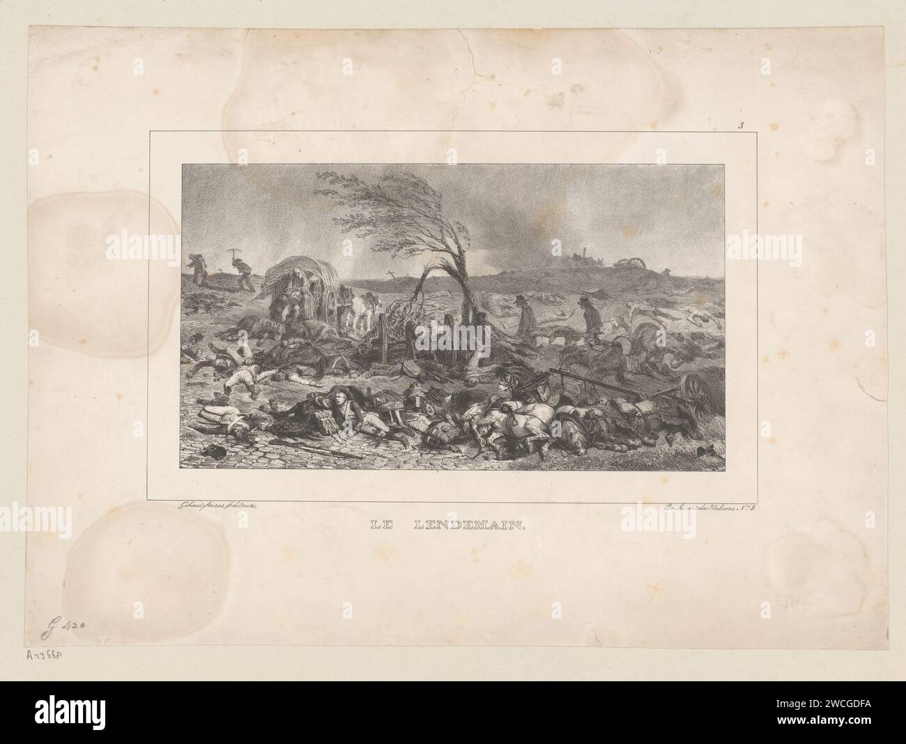 Männer bekommen die Verwundeten und begraben die Toten nach der Schlacht von Waterloo, Denis Auguste Marie Raffet, 1836 drucken Paris-Papier mit den Kranken, Verwundeten und Toten vom Schlachtfeld. Der Soldat, das Leben des Soldaten. Alte Formen von Militärfahrzeugen: Wagen, Schlachtwagen usw. Waterloo Stockfoto