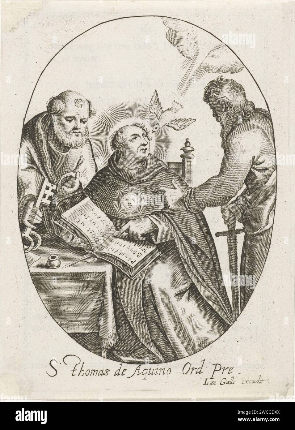 H. Thomas von Aquino mit Peter und Paul, Joannes Galle, 1848 Druck der Heilige Thomas von Aquino sitzt am Tisch in einer Studienwanderung, im Gespräch mit den Heiligen Peter und Paulus. Auf der Verso eine Gebetskarte für Joannes Petrus Josephus Gillis, starb 1848 in Antwerpen. Antwerpener Papiergravur / Buchdruck Peter und Paul erscheinen auf St. Thomas von Aquin in seinem Arbeitszimmer Stockfoto