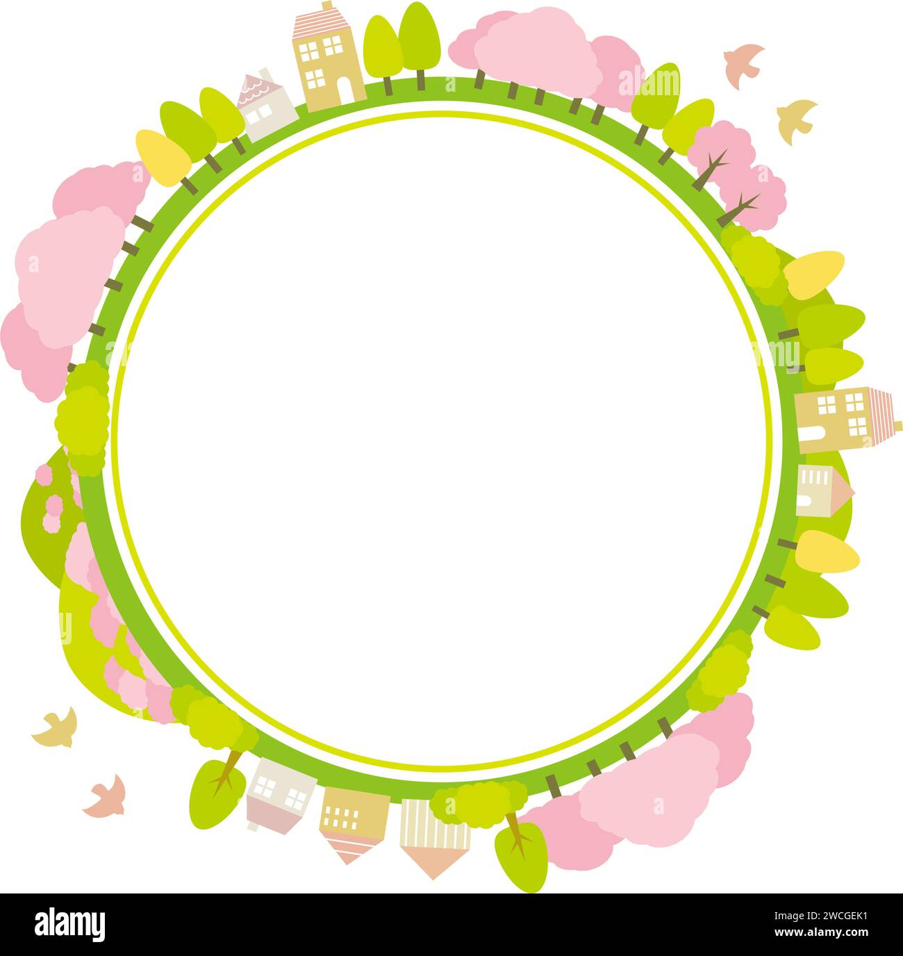 Kreisförmiger Rahmen der Frühlingsstadt mit Kirschblüten. Helle und niedliche flache Illustration. Stock Vektor