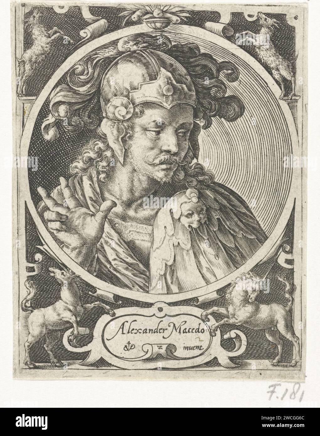 Alexander der große als einer der neun Helden, Crispijn van de Passe (I), 1574–1637 drucken den Helden aus der klassischen Antike Alexander der große. Büste in einem Medaillon mit einer Kartusche, darunter sein Name. Zwei Einhörner in den Unterkarren und zwei Steinhörner in den oberen Ecken. Drucken Sie aus einer Serie von neun mit Helden. Unbekannter Papierstich Alexander (einer der neun Wertsachen) Stockfoto