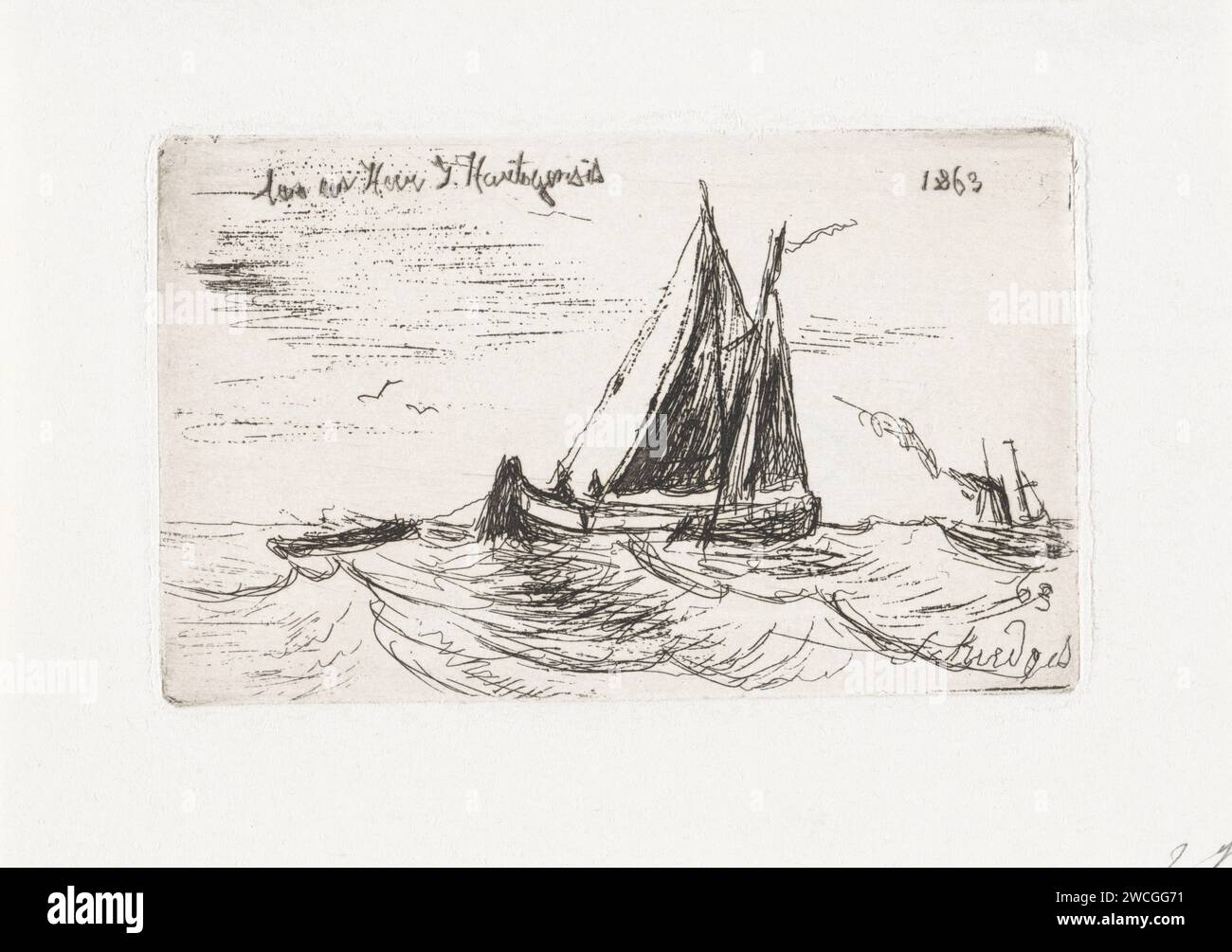 Segelschiff auf See, Petrus Paulus Schiedges (I), 1863 Print Ein Segelschiff zieht eine Schaluppe und segelt nach rechts. Ein Dampfboot rechts im Hintergrund. Das Haager Papier ätzt Segelschiff, Segelboot Stockfoto