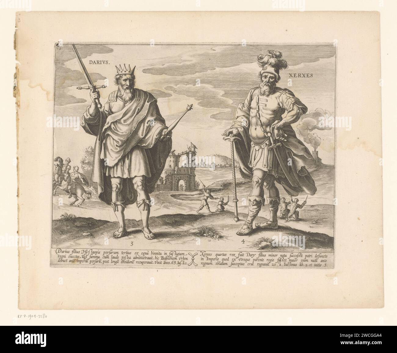 König Darius I. und König Xerxes, Anonym, nach Pieter de Jode I., ca. 1643 Abdruck links von König Darius I. von Persien mit Zepter und Schwert in der Hand. Im Hintergrund sehen Sie, wie Darius zum König von Persien gewählt wurde. Sein Pferd ist das erste, das bei Sonnenaufgang isst. Auf der rechten Seite steht König Xerxes von Persien mit einer Hand auf einer Spitzhacke. Im Hintergrund sehen Sie, wie die Männer von Xerxes den Hellespont-Peitschen geben. Sie taten dies im Namen von Xerxes, nachdem die errichteten Brücken über den Hellespont durch Sturm und Wasser zerstört wurden. Darunter zwei dreizeilige Texte in lateinischer Sprache. Papiergravi Stockfoto