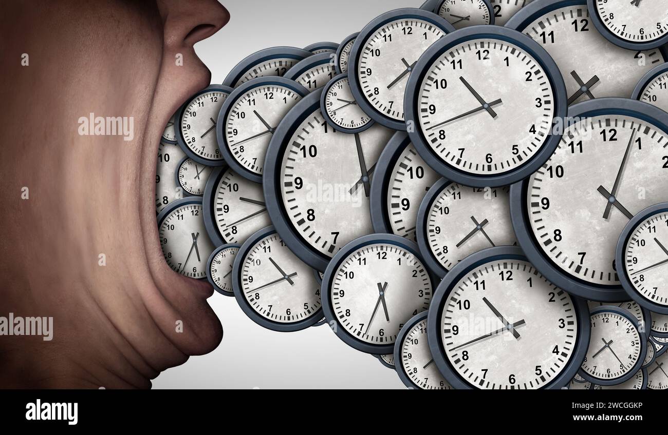 Management von Zeit- und Zeitdruck oder Termindruck als Person mit Uhren, die den Geschäfts- oder Lebensdruck der Terminplanung darstellen Stockfoto