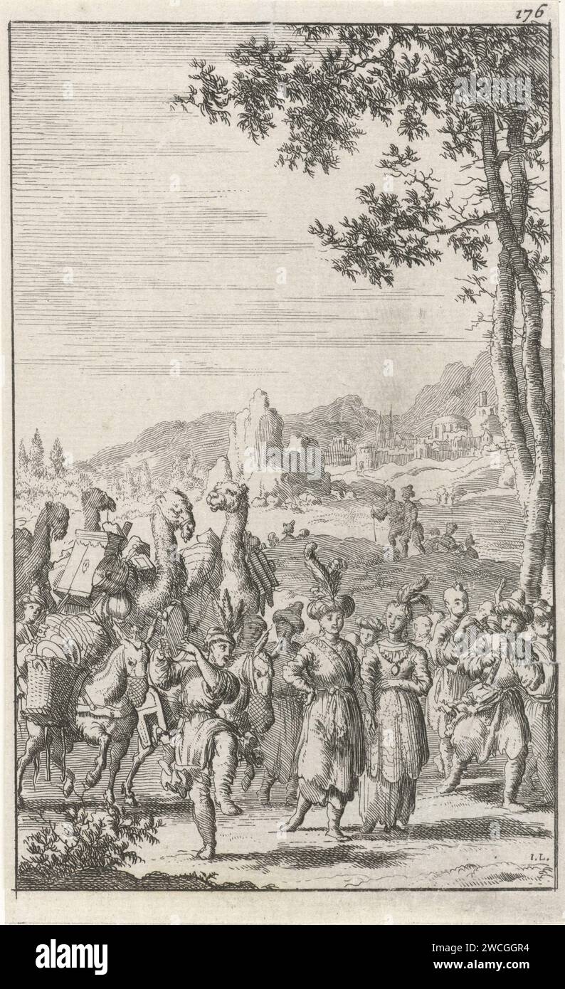 Türkisches Brautpaar wird zu ihrem Haus gebracht, Jan Luyken, 1681 Print Ein türkisches Brautpaar wird von Musikern, Kamelen und Eseln nach Hause gebracht. Drucken Sie oben rechts mit der Nummer 176. Amsterdamer Papier, das asiatische Rassen und Völker ätzt: Türken. Ehe, verheiratetes Paar, "Ehe". Huftiere: Kamel Stockfoto Türkisches Brautpaar wird zu ihrem Haus gebracht, Jan Luyken, 1681 Print Ein türkisches Brautpaar wird von Musikern, Kamelen und Eseln nach Hause gebracht. Drucken Sie oben rechts mit der Nummer 176. Amsterdamer Papier, das asiatische Rassen und Völker ätzt: Türken. Ehe, verheiratetes Paar, "Ehe". Huftiere: Kamel Stockfoto