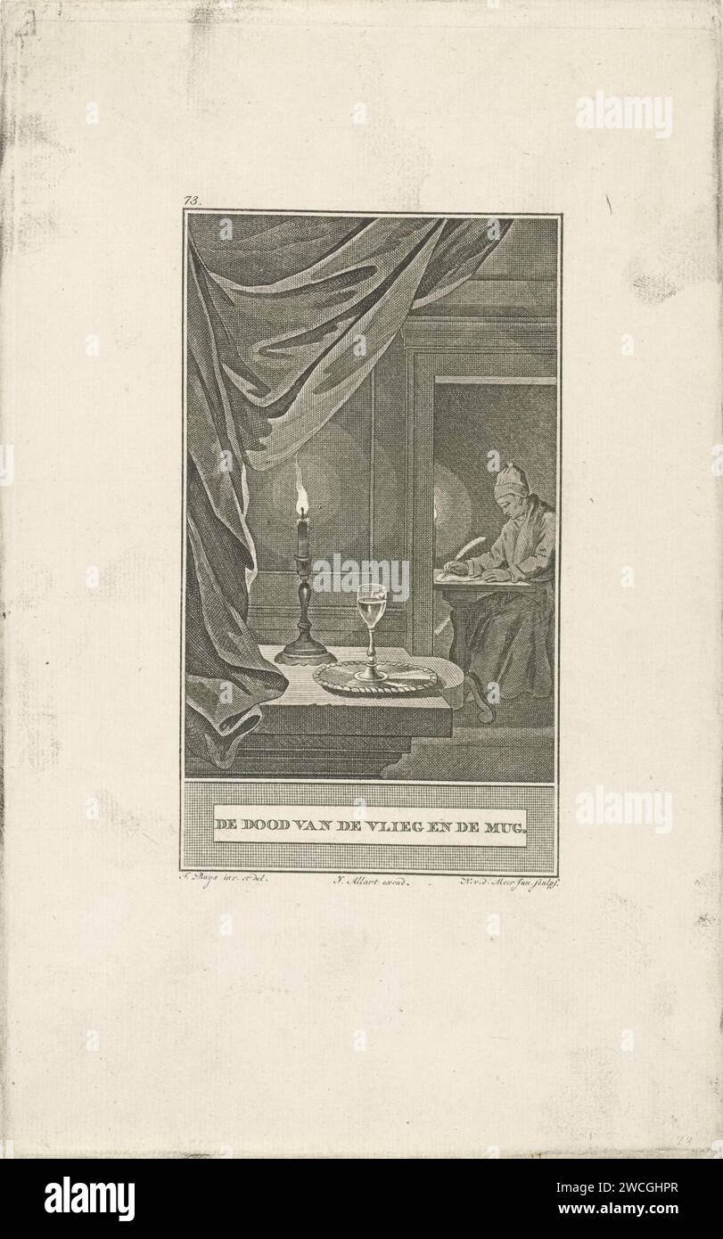 Tod von de Vlieg und de Mug, Noah van der Meer (II), nachdem Jacobus kauft, 1778 - 1785 Druck Eine Fliege ertrinkt in einem Glas Wein. Die Mücke fliegt in der Flamme der Kerze. Im Hintergrund schreibt ein Mann am Tisch. Amsterdamer Papierätzinsekten: Fliege. Mückenbekämpfung (+ sterbendes Tier; Tod des Tieres; totes Tier). Kerze. Ein Glas Wein. Schreibtisch, Schreibtisch Stockfoto