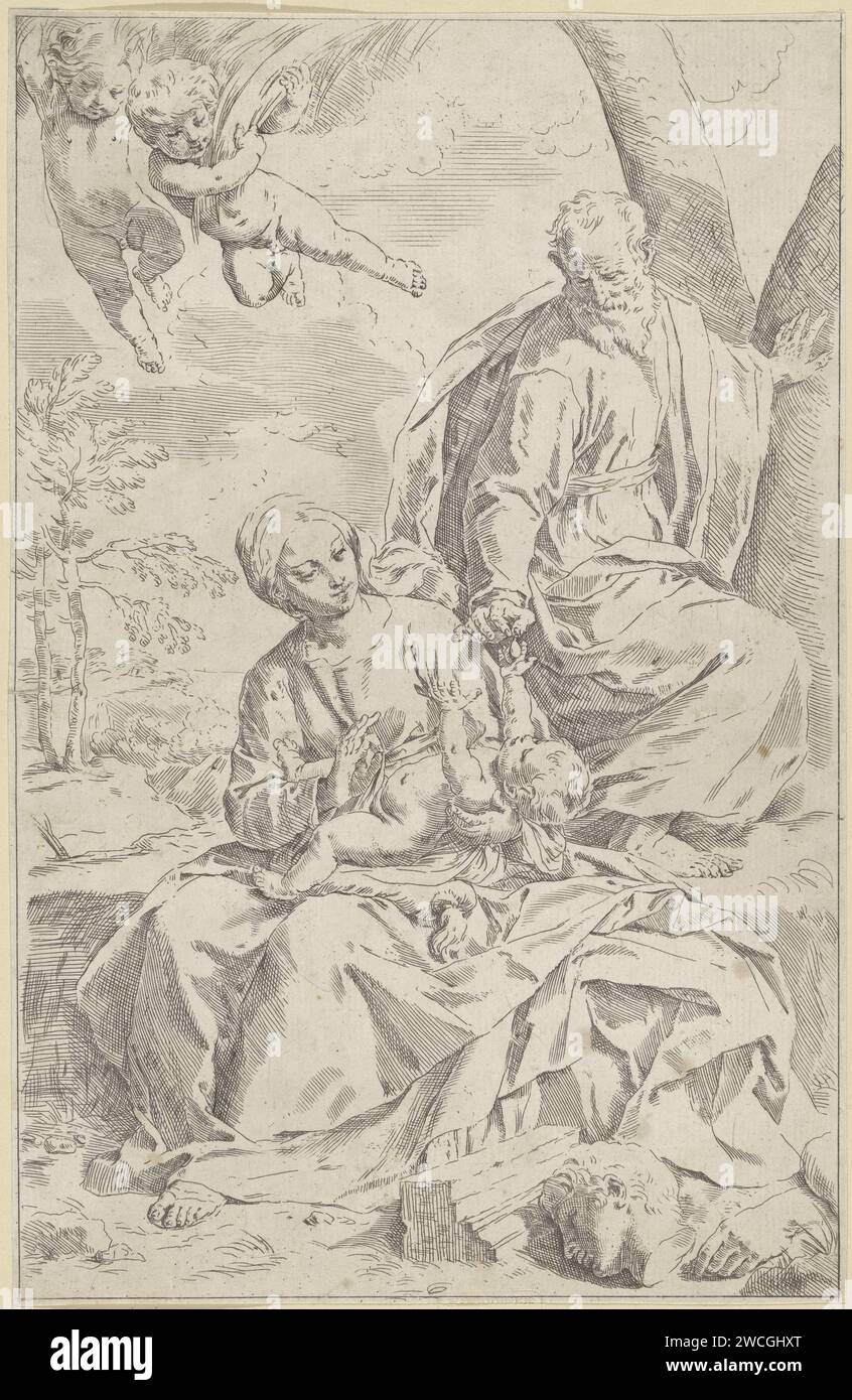 Ruhe auf dem Flug nach Ägypten, Simone Cantarini, 1622 - 1648 Drucken die Heilige Familie ruht während des Fluges nach Ägypten unter einem Baum. Joseph gibt dem Christuskind eine kleine Frucht, das Maria auf dem Schoß liegt. Oben links zwei Putten. Italien Papierätzung Rest auf dem Flug nach Ägypten Stockfoto