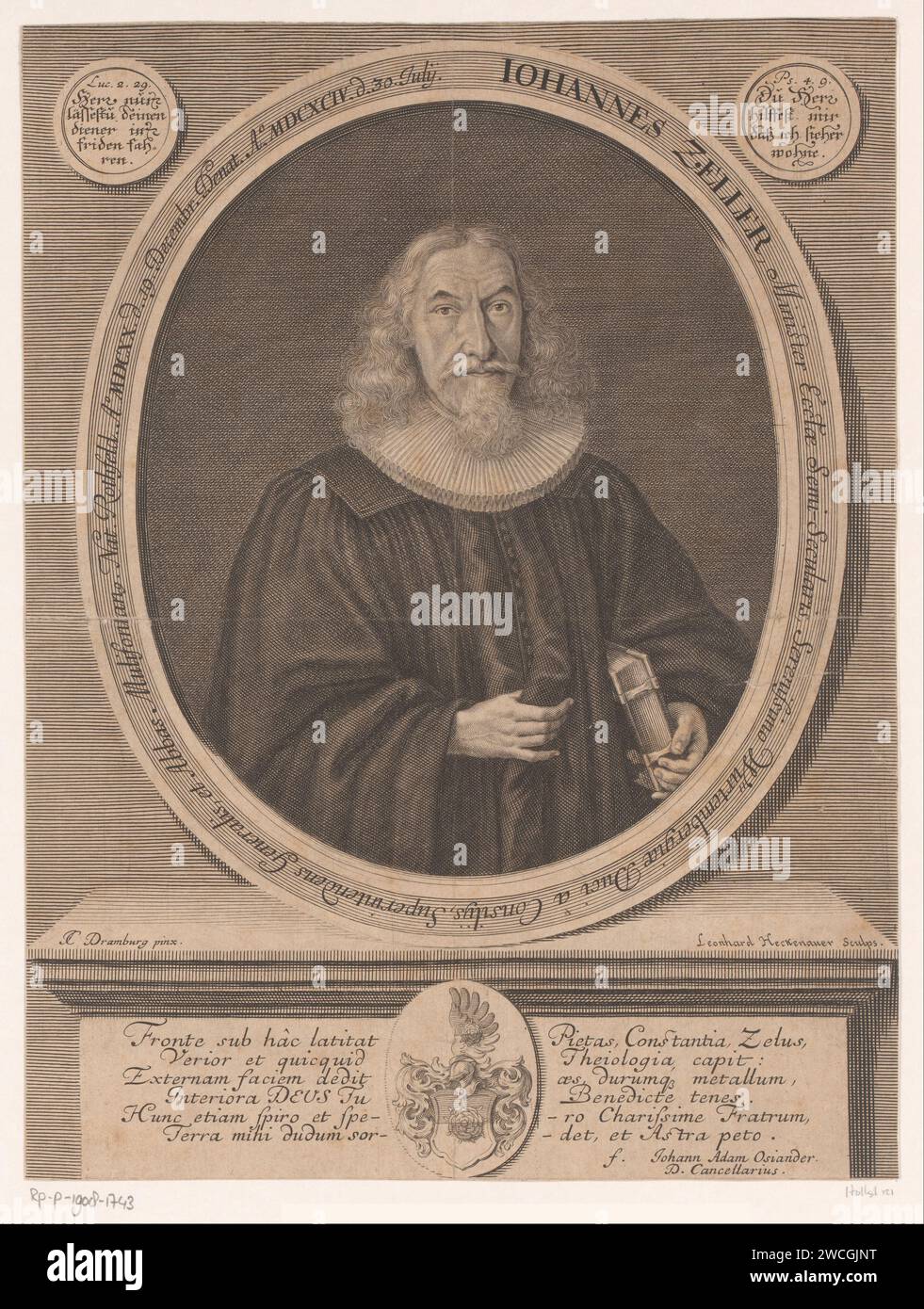 Porträt van Johann Zeller, Leonhard Heckenauer, nach J.C. Dramburg, 1694 - 1704 Druck mit Lob in lateinischer Sprache. Papierstich historischer Personen. Waffenlager, Heraldik. Buch Stockfoto