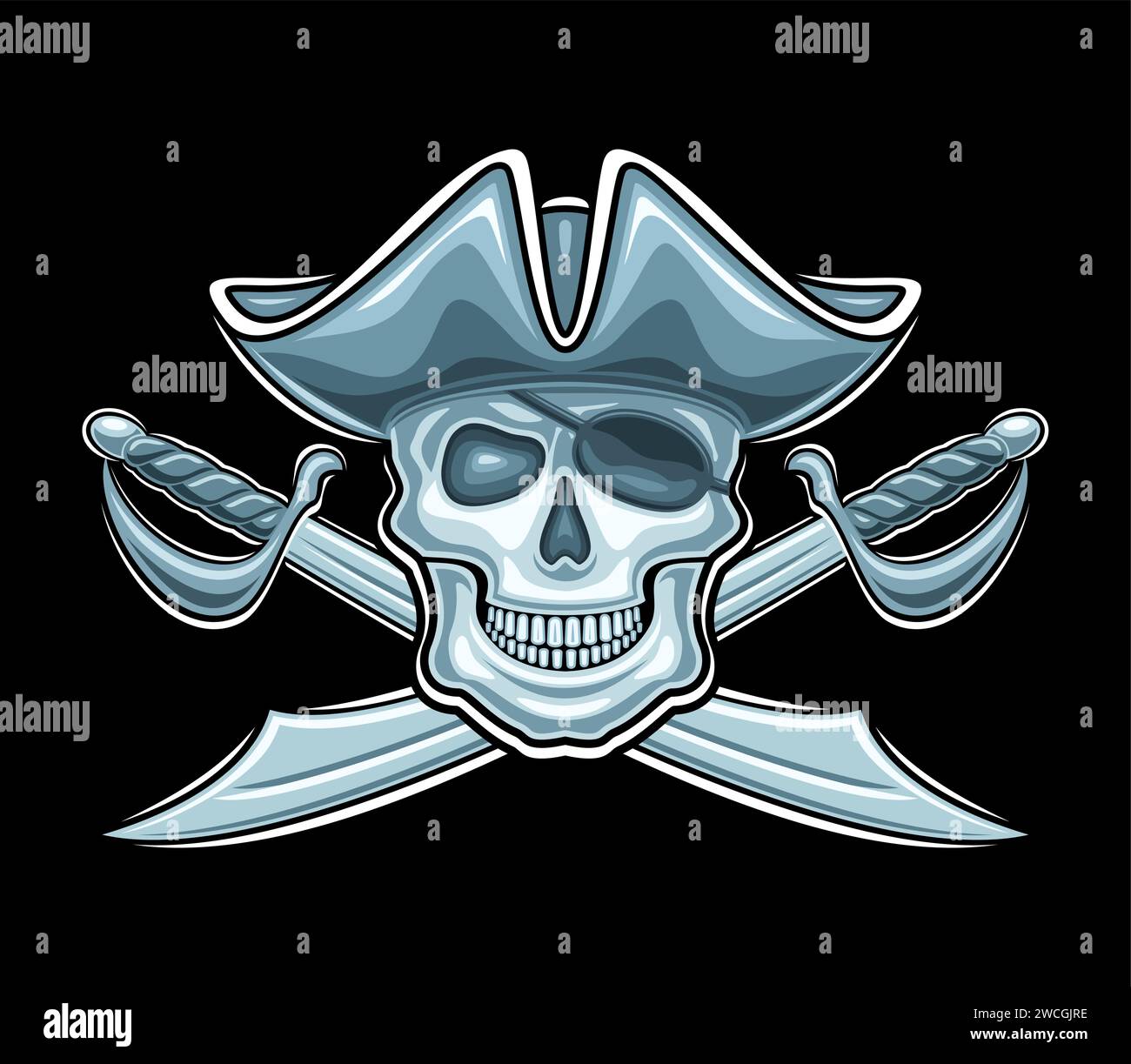 Vektor-Logo für Piratenschädel, dekoratives Etikett mit Illustration des bösen lächelnden Piratenschädels in alter Kappe und gekreuzten Schwertern für eportteam, kreativ Stock Vektor