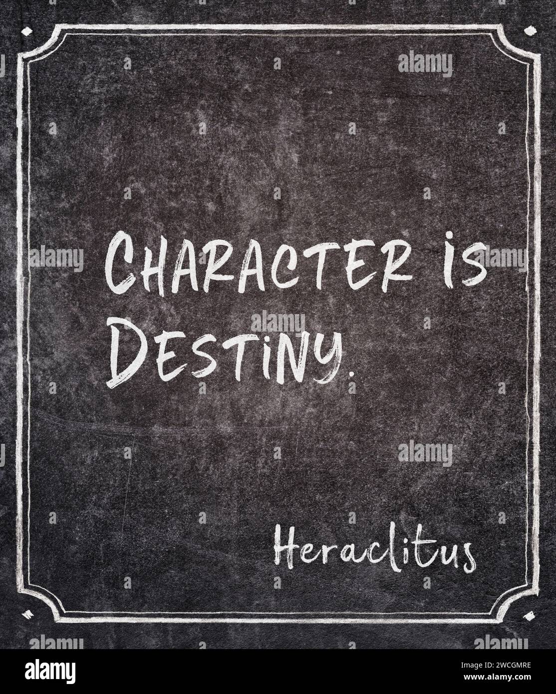 Charakter ist Schicksal – Zitat des griechischen Philosophen Heraklitus auf gerahmtes Tafel Stockfoto