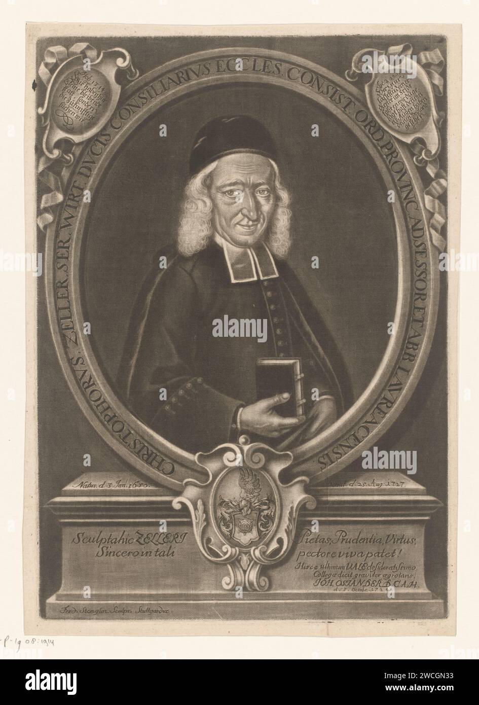 Porträt van Christoph Zeller, Ferdinand Stenglin, 1727 - 1799 Druck Stuttgarter Papier historische Personen. Waffenlager, Heraldik Stockfoto