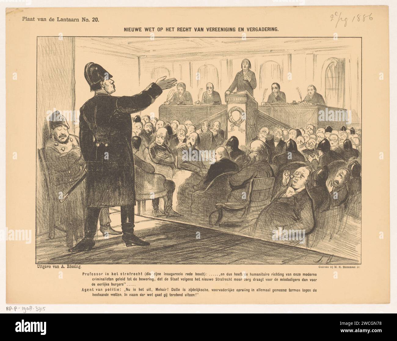 Cartoon über den Vorschlag zur Anpassung des Rechts auf Vereinigungen und Versammlungen 1886, Jan Holswilder, 1886 gedruckt das Gesetz wurde mit dem impliziten Ziel eingereicht, die Sozialdemokraten zu vereiteln. Neben weiteren Vorschriften hätte die Polizei auch mehr Freiheiten. Das Gesetz wurde schließlich nicht angenommen. Dieser Druck wurde von der Laterne veröffentlicht. Druckerei: Netherlandsprinter: Der Haguepublisher: Die Haager Papier politische Karikaturen und Satiren. Besprechung, Versammlung. Unterbrechung, Fragen ( Meeting). Polizist, Polizist Stockfoto