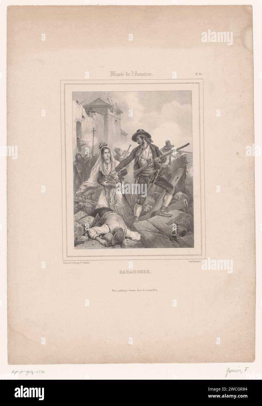 Saragossa belagert, Francois Grenier, ca. 1838 Druck Paris Papierbelagerung. Schusswaffen: Gewehr Zaragoza Stockfoto