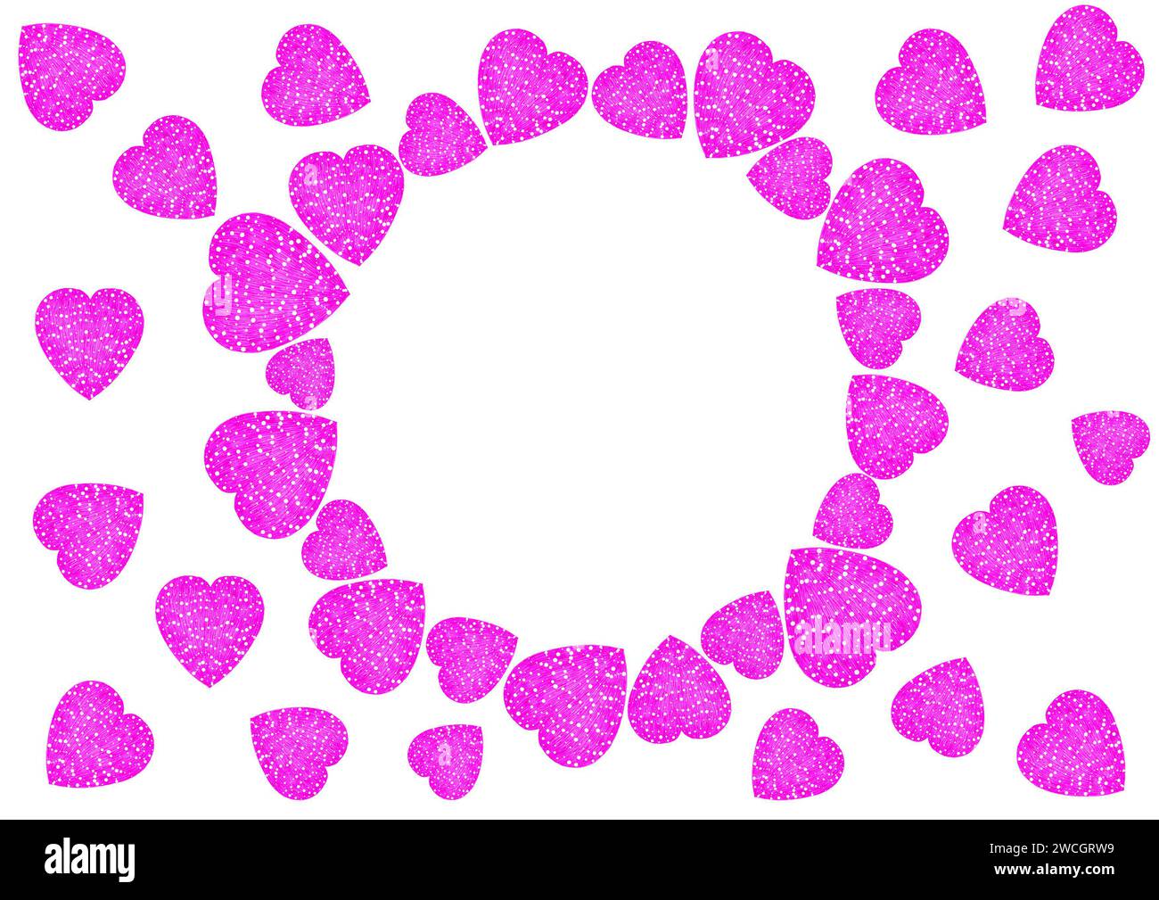 Runder Rahmen aus rosa Herzen. Herzen unterschiedlicher Größe, gefüllt mit Strichen und weißen Punkten. Kreis bilden. Die Herzen werden auch um den Rahmen gelegt. Weißer Kopierbereich. Postkarte, Einladung, Valentinstag Stockfoto