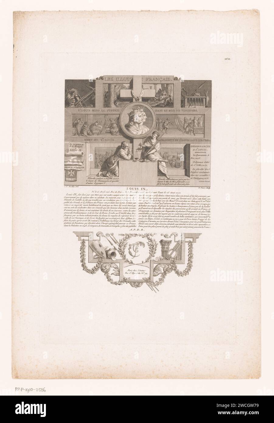 Allegorisches Porträt von Louis IX de Heilige, Nicolas Ponce, nach Clément Pierre Marillier, 1790–1816 Druckverlag: ParisFrance Papierätzung / Gravur historischer Personen. king Stockfoto