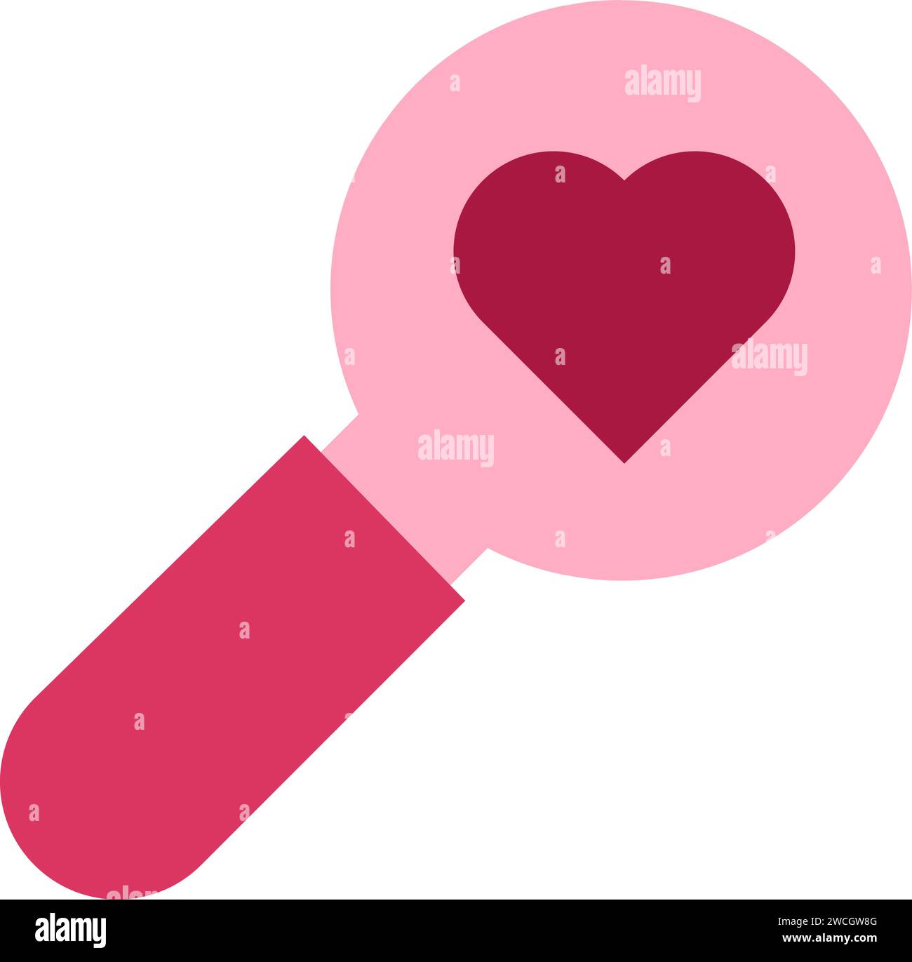 Rosafarbene, herzförmige valentinskarte mit Lupe, LGBTQ-Aufkleber. Aufmerksame Einstellung gegenüber Gefühlen des Partners. Einfaches pinkfarbenes flaches Vale Stock Vektor