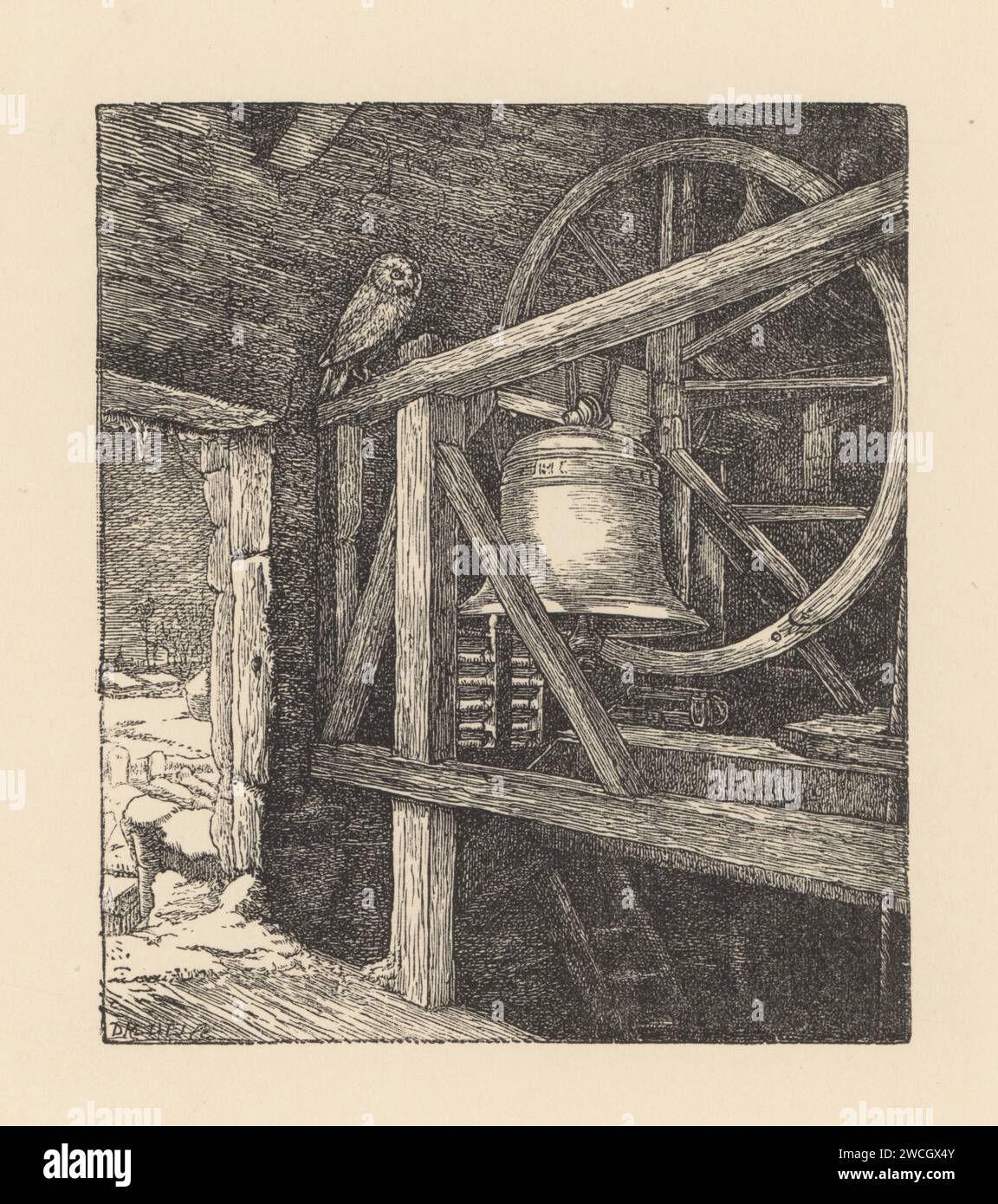 Eine Scheuneneule, die neben einer Glocke in einem Kirchturm thront. Blöße die Kirchenglocke aus Gedichten von Alfred Lord Tennyson. Holzschnitt der Brüder Dalziel nach einer Illustration des präraffaelistischen Künstlers John Everett Millais aus Millais’ Illustrations, A Collection of drawings on Wood, Alexander Strahan, London, 1866. Stockfoto