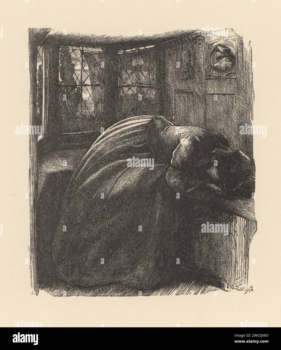 Viktorianische Frau weint in einem Fenstersitz. Mariana oder "Ich bin aweary, aweary". Illustration aus Alfred Lord Tennysons Gedichten, herausgegeben von Moxon, 1857. Holzschnitt der Brüder Dalziel nach einer Illustration des präraffaelistischen Künstlers John Everett Millais aus Millais’ Illustrations, A Collection of drawings on Wood, Alexander Strahan, London, 1866. Stockfoto