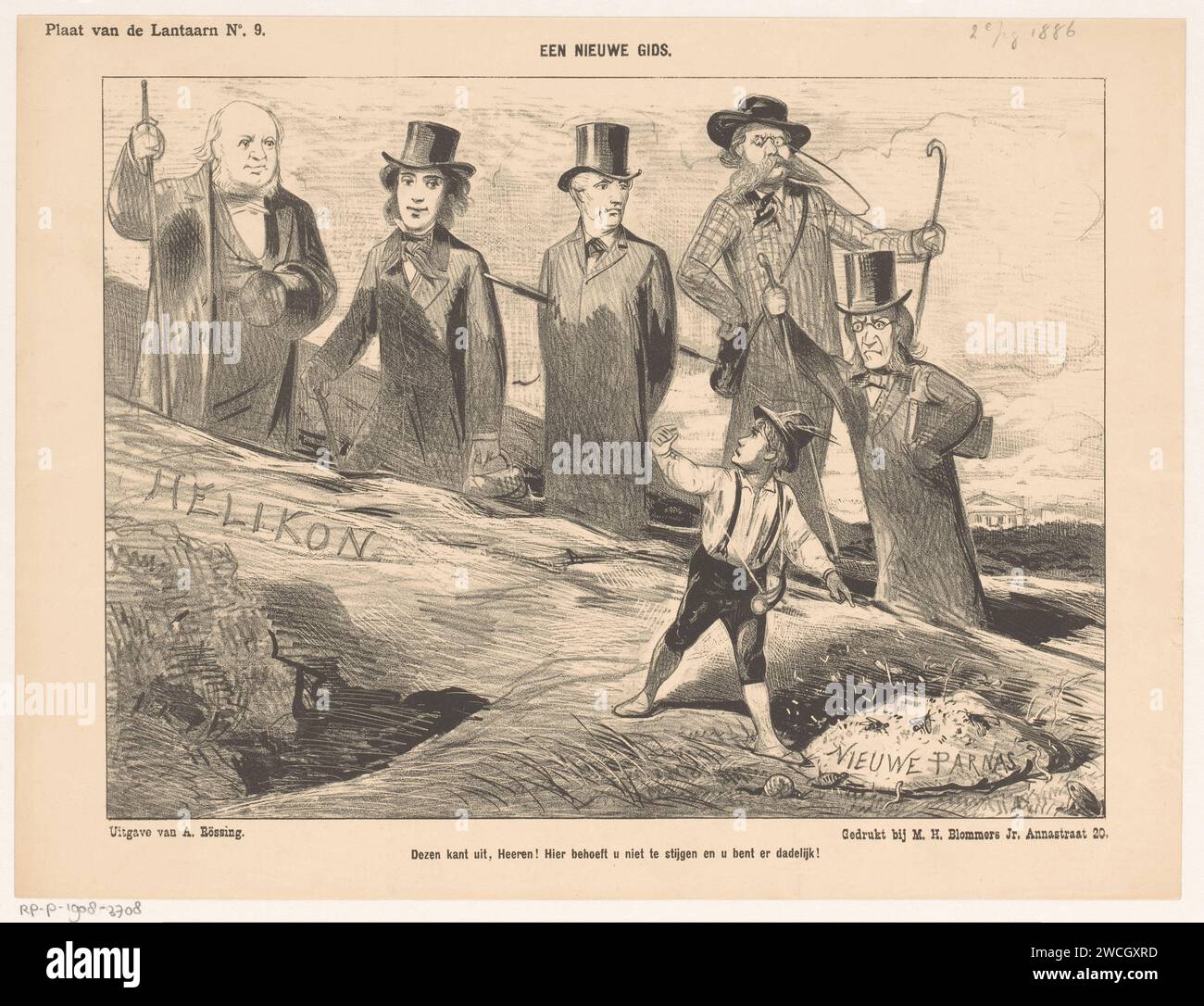 Cartoon über den neuen Führer und die Achtbürger, Jan Holswilder, 1886 gedruckt die Achtziger Nicolaas-Rüben, Petrus Augustus de Génestet, Carel Vosmaer, Jan ten Brink und Joseph Alberdingk Thijm werden von einem jungen Führer zu einem neuen unteren Parnassus geführt; Einem kleinen Düngerhaufen. Dieser Druck wurde von der Laterne veröffentlicht. Druckerei: Netherlandsprinter: Der Haguepublisher: Die Haager Papier politische Karikaturen und Satiren. Schriftsteller, Dichter, Autor. Parnassus, heilig für Apollo Musagetes Stockfoto