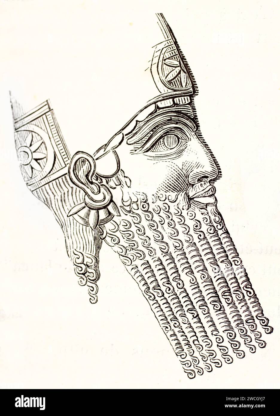 Stilisiertes Profil eines Assyrischen Mannes mit langem Bart und Kopfschmuck, wahrscheinlich von einem Relief. Ausdrucksstarker Holzschnitt. Veröffentlicht 1878 bei Brehm, Paris. Stockfoto