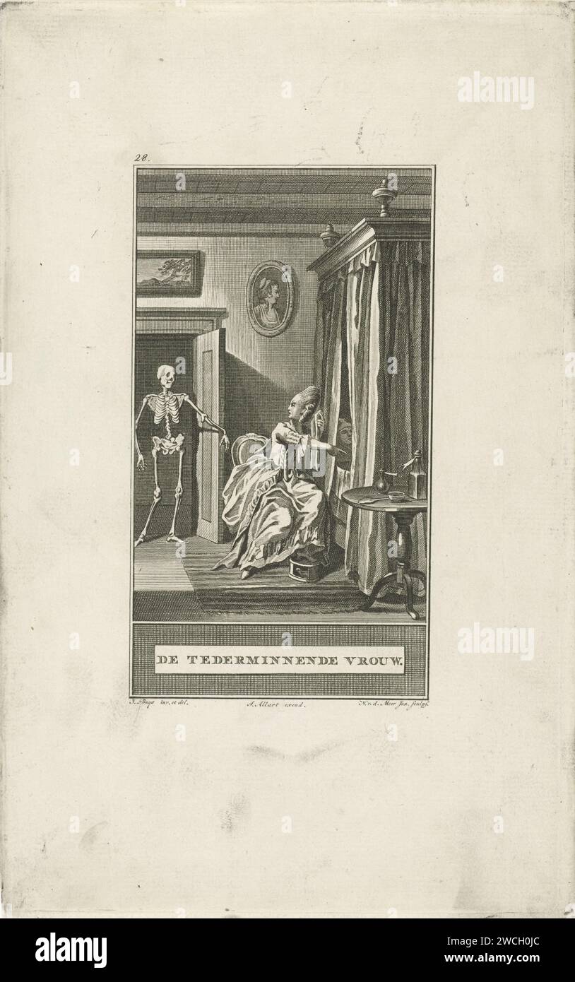 Living Woman and Death, Noah van der Meer (II), nach Jacobus Buys, 1778 - 1785 Print die Living Woman Clarinde sitzt auf dem Sterbebett ihres Mannes mit einem Taschentuch in der Hand. Sie würde gerne anstelle ihres Mannes sterben, aber wenn der Tod an die Tür kommt und fragt, wer ihn anruft, dann zeigt sie auf ihren Mann. Amsterdamer Papier, das den Tod als Skelett ätzt. Sterben. Zeigefinger nach vorne, zeigt, zeigt an Stockfoto