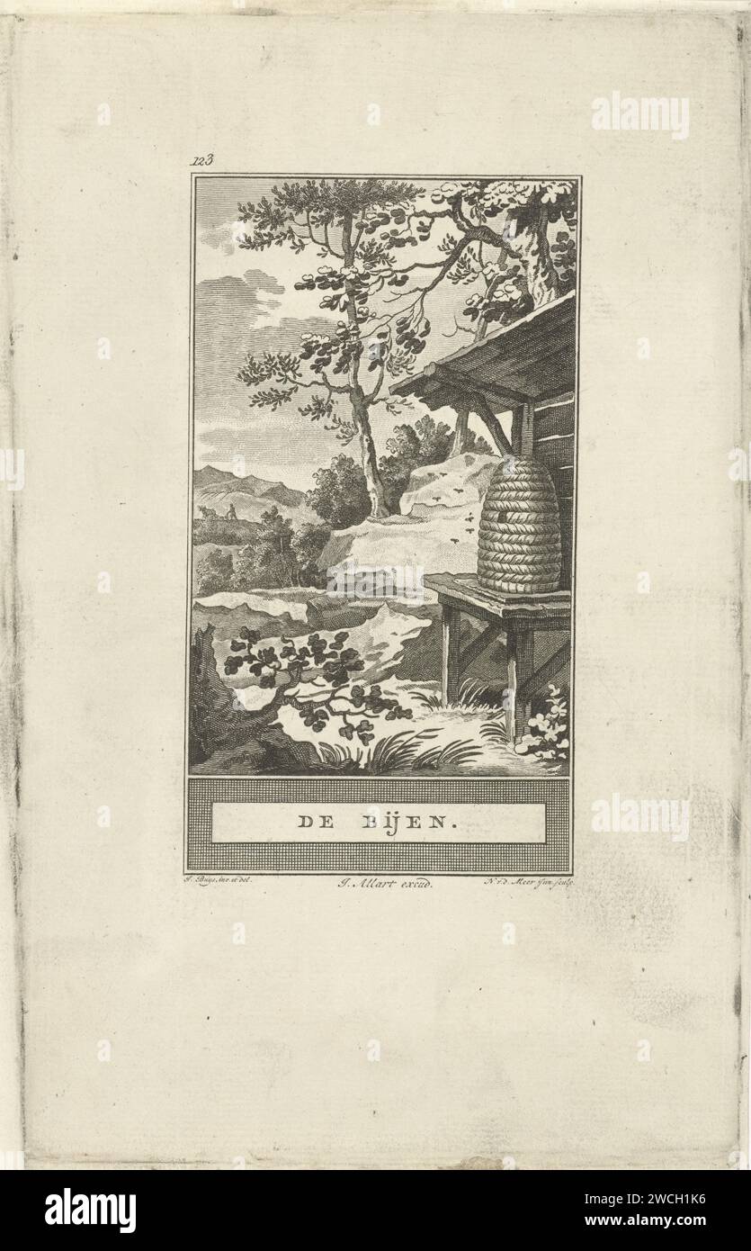 Bijenkorf, Noah van der Meer (II), nach Jacobus kauft, 1778–1785 Druck in einer Landschaft befindet sich ein Bijenkorf unter einem Unterschlupf. Bienen fliegen vor dem Eingang. Amsterdamer Papierätzung Bienenstock. Insekten: Biene Stockfoto
