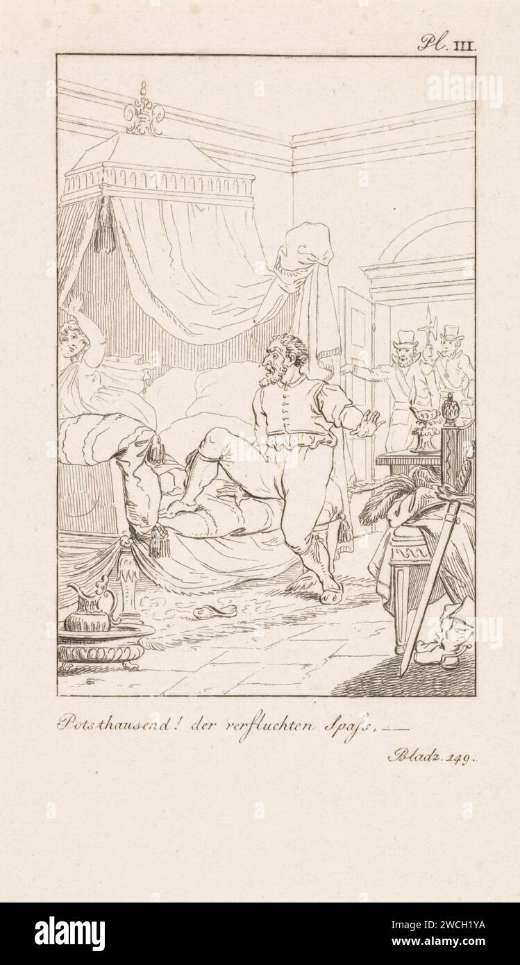 Mann steigt in ein Himmelbett mit einer Dame, Daniël Mreedwaard (I), nach Jacob Smies, 1802 - 1809 drucken Ein Mann, der seinen Mantel, Hut und Schwert auf einem Stuhl entzogen hat, betritt ein Himmelbett, in dem auch eine Dame sitzt. Zwei Männer kommen durch die Tür im Hintergrund. Oben rechts: pl. III Unten rechts: S. 149. Haarlemer-Papier, das politische Karikaturen und Satiren eingraviert. Bett. Schlafzimmer Stockfoto