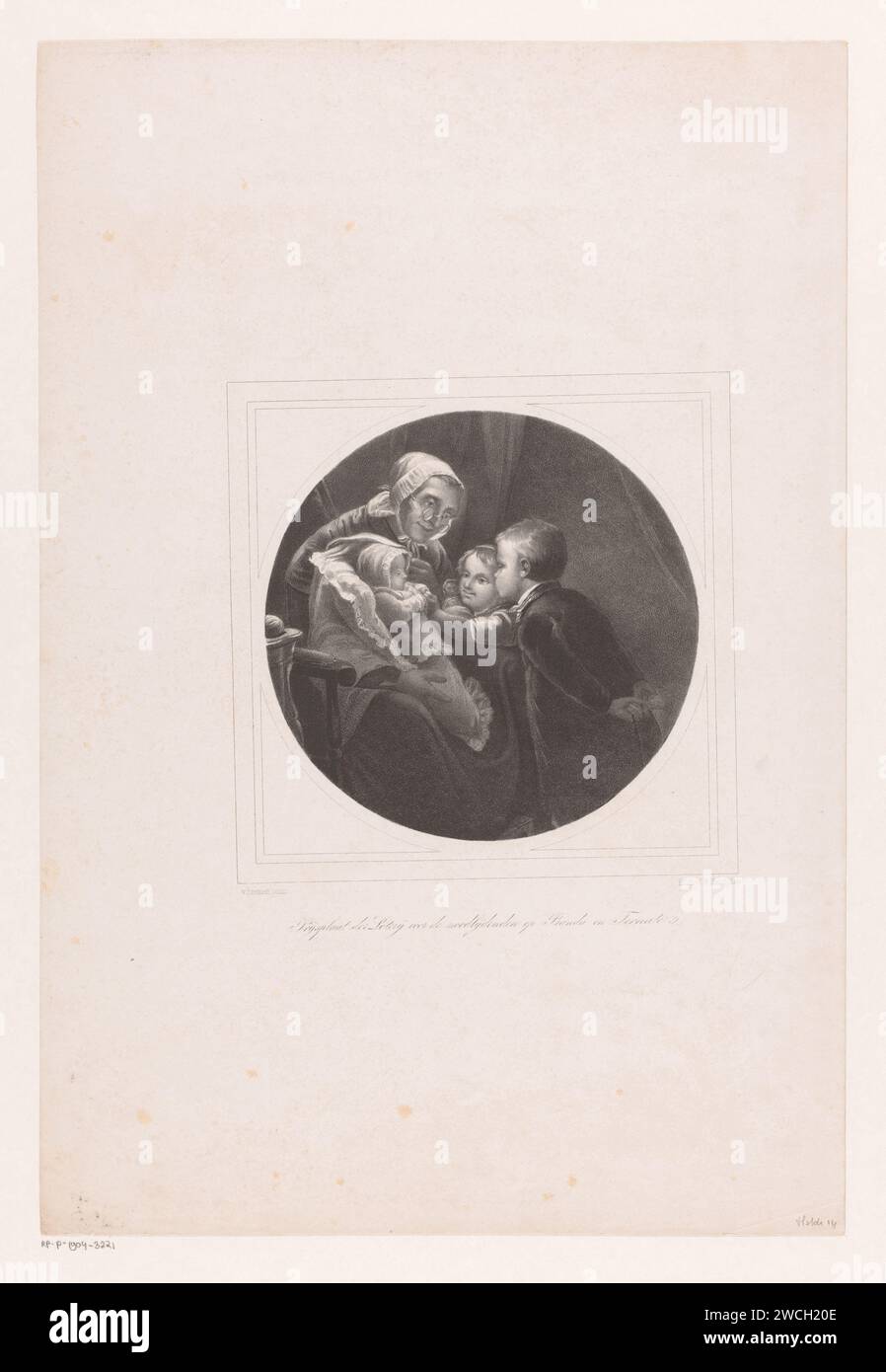 Hebamme zeigt zwei Kindern ein Baby, Anonym, Royal Dutch Stone Pressure von C.W. MIELING, nach Van Bremen, 1847 - ca. 1865 Druck die Hebamme oder Bäckerin ist alt und trägt eine Brille. Das Mädchen hat eine Puppe in den Händen, der Junge hält seine Hände hinter dem Rücken. Die Haager Papiertrockenschwester. Baby in Wickelkleidung. Hebamme, „accoucheuse“ Stockfoto