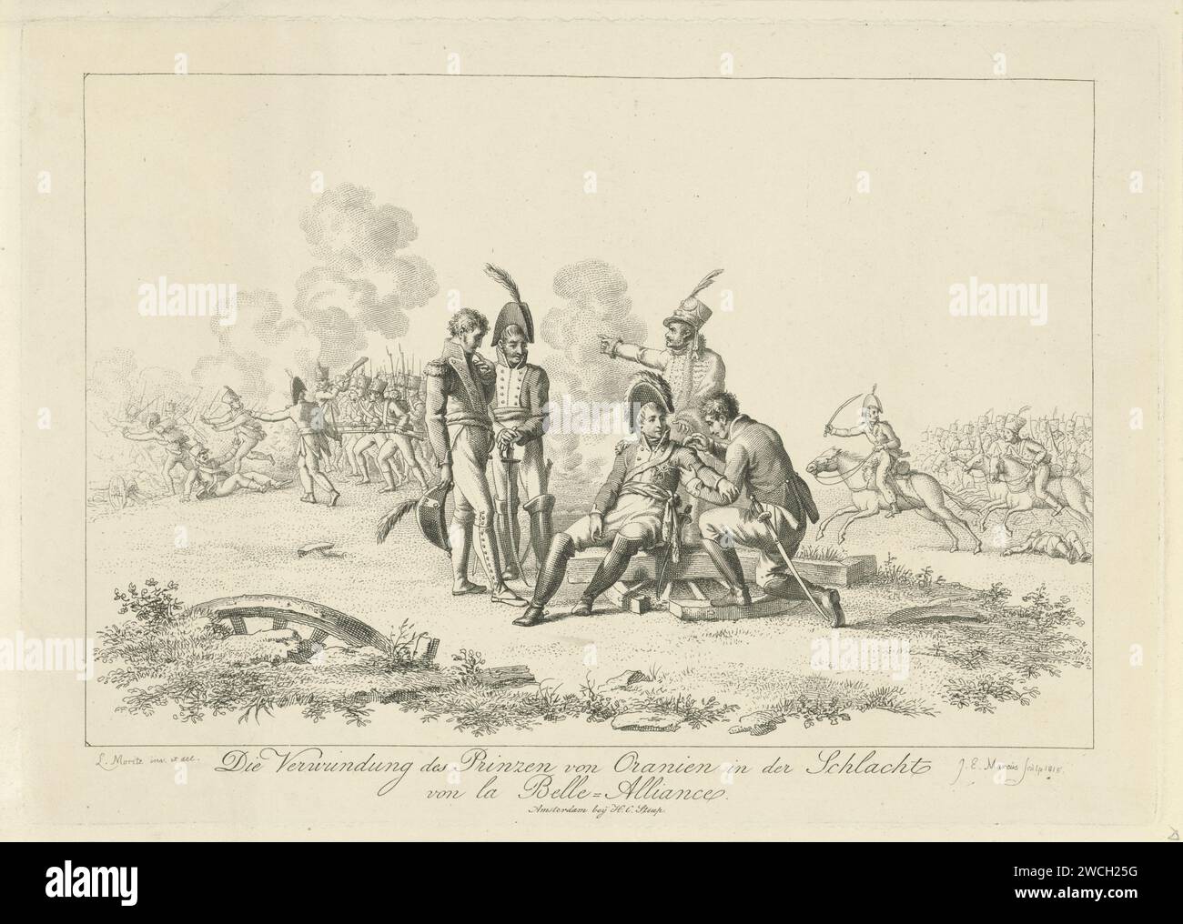 Verletzung des Prinzen von Orange während der Schlacht von Waterloo, Jacob Ernst Marcus, nach Louis Moritz, 1815 Druck der Prinz von Orange, der spätere Wilhelm II., König der Niederlande, hat eine Schussverletzung in seinem Arm während der Schlacht von Waterloo erlitten, die im Hintergrund zuschlägt. Drei Offiziere sind um ihn herum und neben ihm kniet ein Mann, der seine Wunde ansieht. Amsterdamer Papierätzkampf (+ während der Schlacht). Durch Verwundungen außer Gefecht setzen Stockfoto