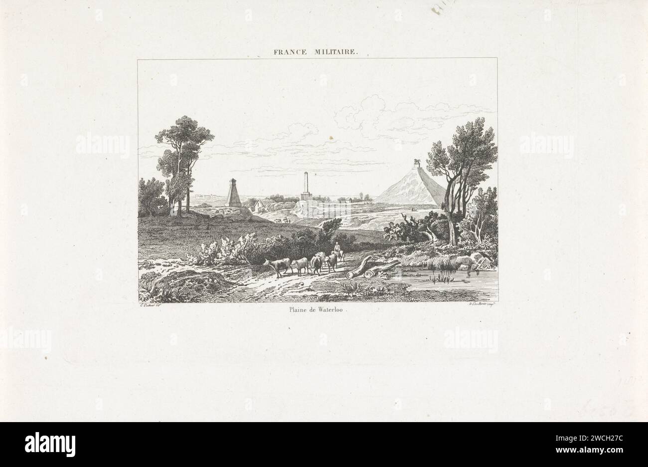 Battlefield Van Waterloo mit Denkmälern, Boullemier, nach Eugène Ferdinand Buttura, 1825 - 1852 drucken Blick auf Waterloos Schlachtfeld mit den verschiedenen Denkmälern. Im Vordergrund ein Vieh mit Kühen auf der Straße. Frankreich Papier graviert Landschaft mit Denkmal Waterloo Stockfoto