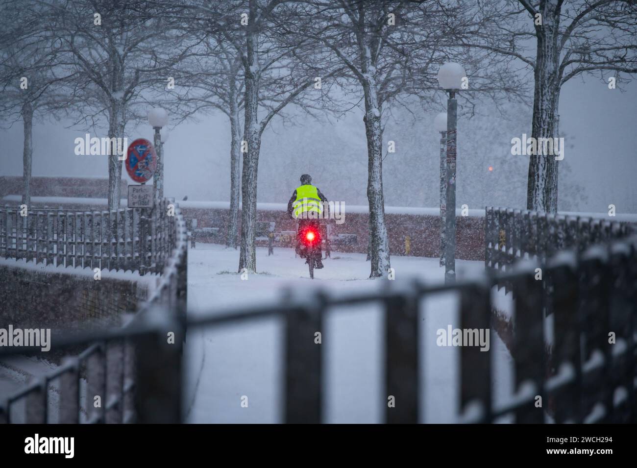 Hamburg, Deutschland. Januar 2024. Ein Radfahrer fährt am Morgen auf einem schneebedeckten Pfad. Der Winter ist wieder in Deutschland. Neuschnee und vereiste Straßen haben zu mehreren Unfällen geführt. Das alles klar für eisige Bedingungen ist vorerst nicht in Sicht. Quelle: Jonas Walzberg/dpa/Alamy Live News Stockfoto