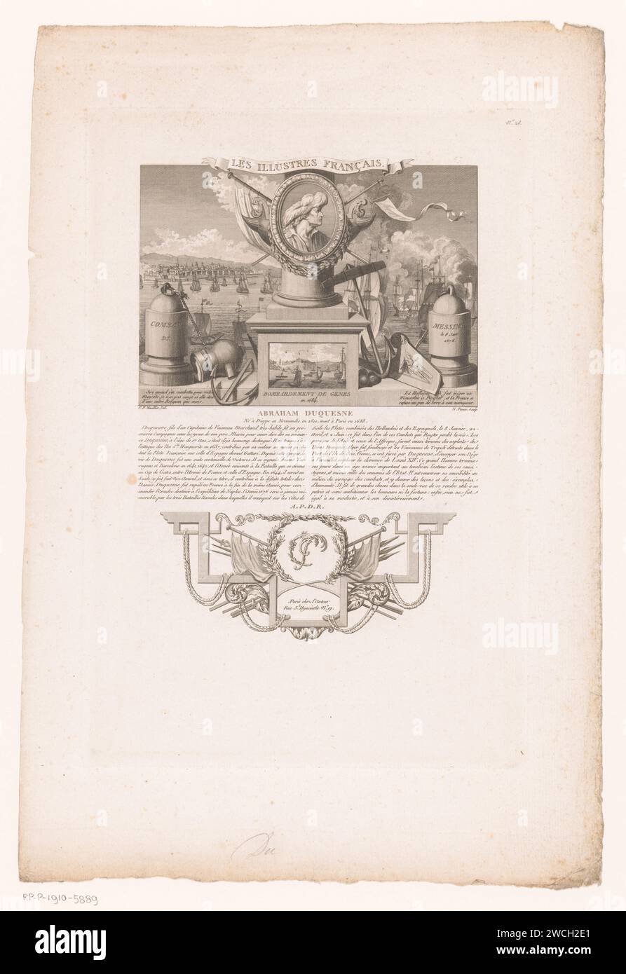 Allegorisches Porträt von Abraham Duquesne, Nicolas Ponce, nach Clément Pierre Marillier, 1790–1816 Druckverlag: ParisFrance Papierätzung / Gravur historischer Personen. oberbefehlshaber, Admiral Stockfoto