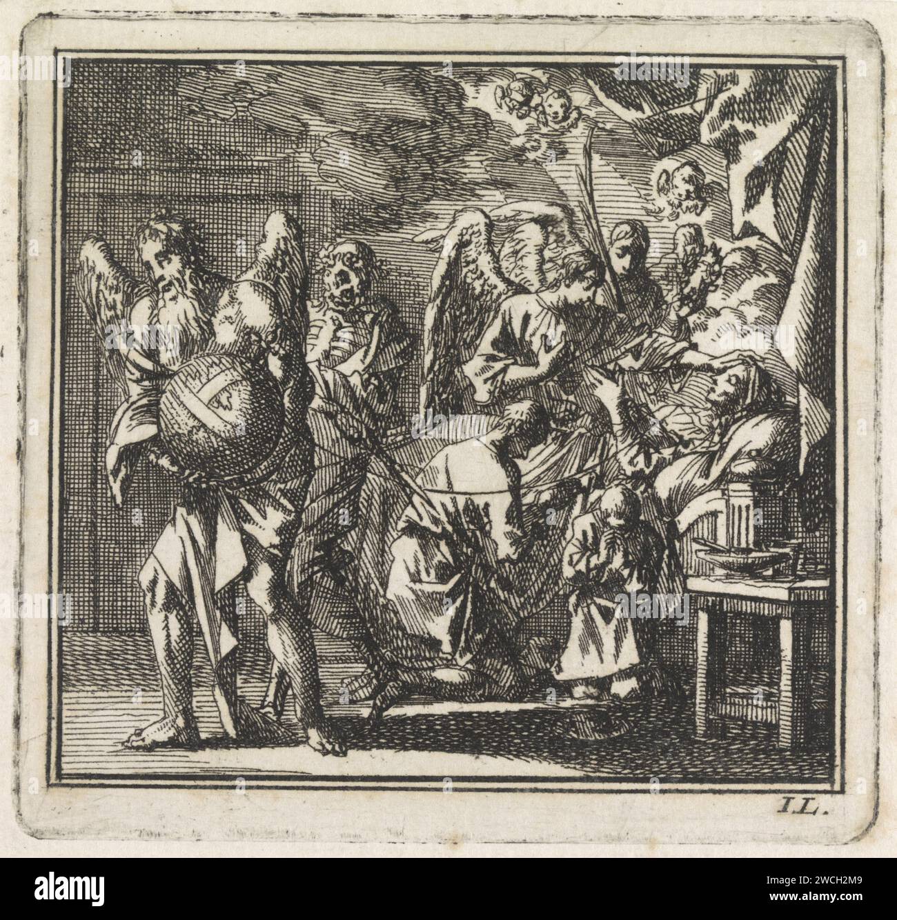 Der Tod ist im Begriff, den Faden einer sterbenden Frau zu schneiden, Jan Luyken, 1710 Druck Amsterdam Papier ätzend friedliche Sterben, glücklicher Tod. Vater Zeit, Mann mit Flügeln und Sense. Tod als Skelett - FF - Tod als Frau Stockfoto