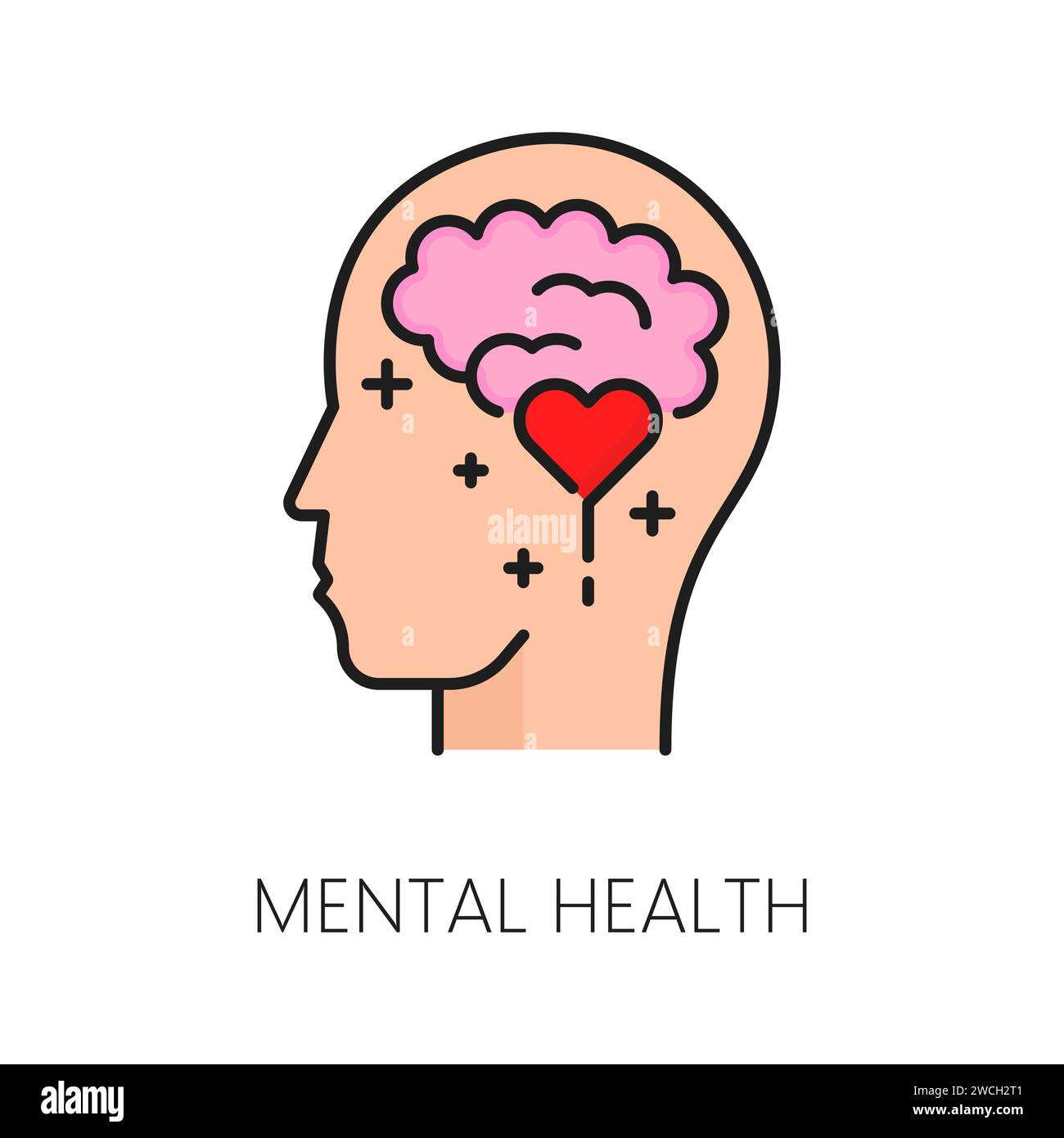 Symbol für psychische Gesundheit, isolierter Vektor menschlicher Kopf mit Gehirn und Herz im Inneren. Das dünne Zeichen steht für die Bedeutung von geistigem Wohlbefinden und Förderung von Verständnis, Unterstützung, Bewusstsein und Akzeptanz Stock Vektor