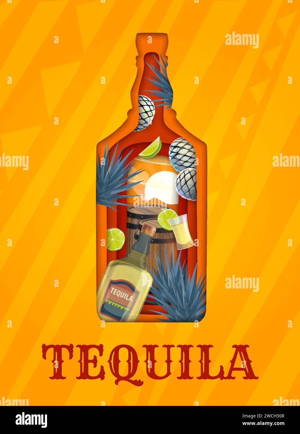Mexikanisches Tequila Papier geschnittene Banner mit blauen Agavenpflanzen auf Mexiko Wüstenlandschaft Vektor Hintergrund. Zeichentrickflasche, Glas und Fässer mit Limette, Agavenherzen und Blättern in 3D-Rahmen mit Papierschnitt Stock Vektor