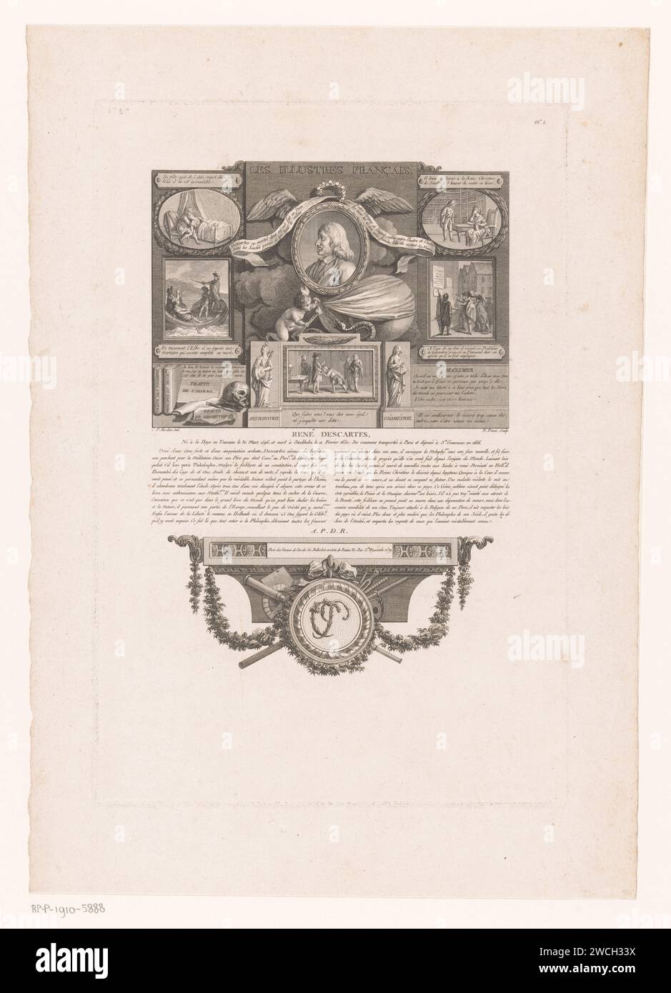 Allegorisch Portret van René Descartes, Nicolas Ponce, nach Clément Pierre Marillier, 1790 - 1816 Druckverlag: ParisFrance Papierätzung / Gravur historischer Personen. Gelehrter, Philosoph Stockfoto