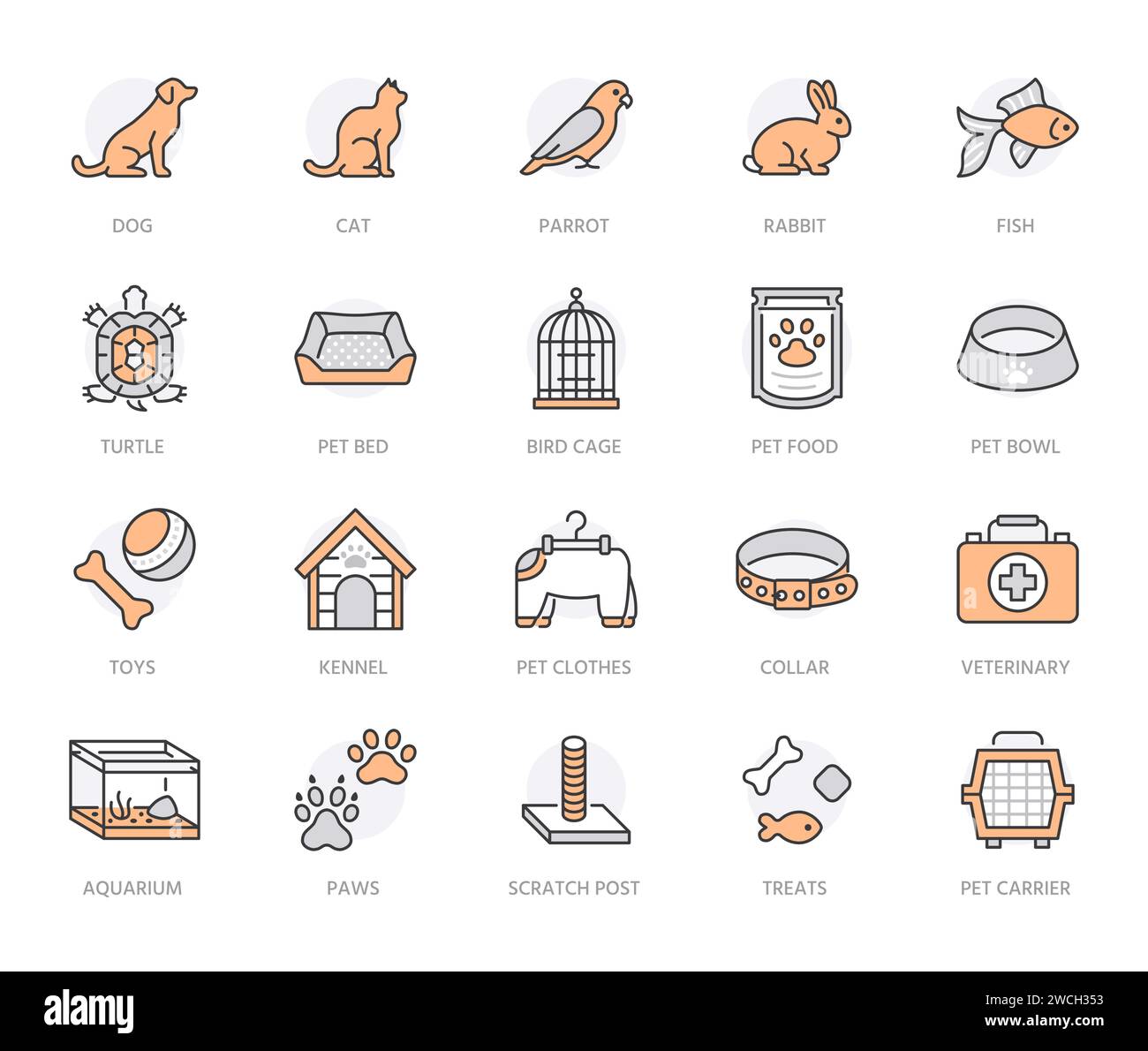 Set mit Symbolen für den Tierhandel mit flacher Linie. Hundeträger, Katzenkratzer, Vogelkäfig, Kaninchen, Fischaquarium, haustiere Pfote, Kragen Vektor-Illustrationen. Dünne Zeichen für Stock Vektor