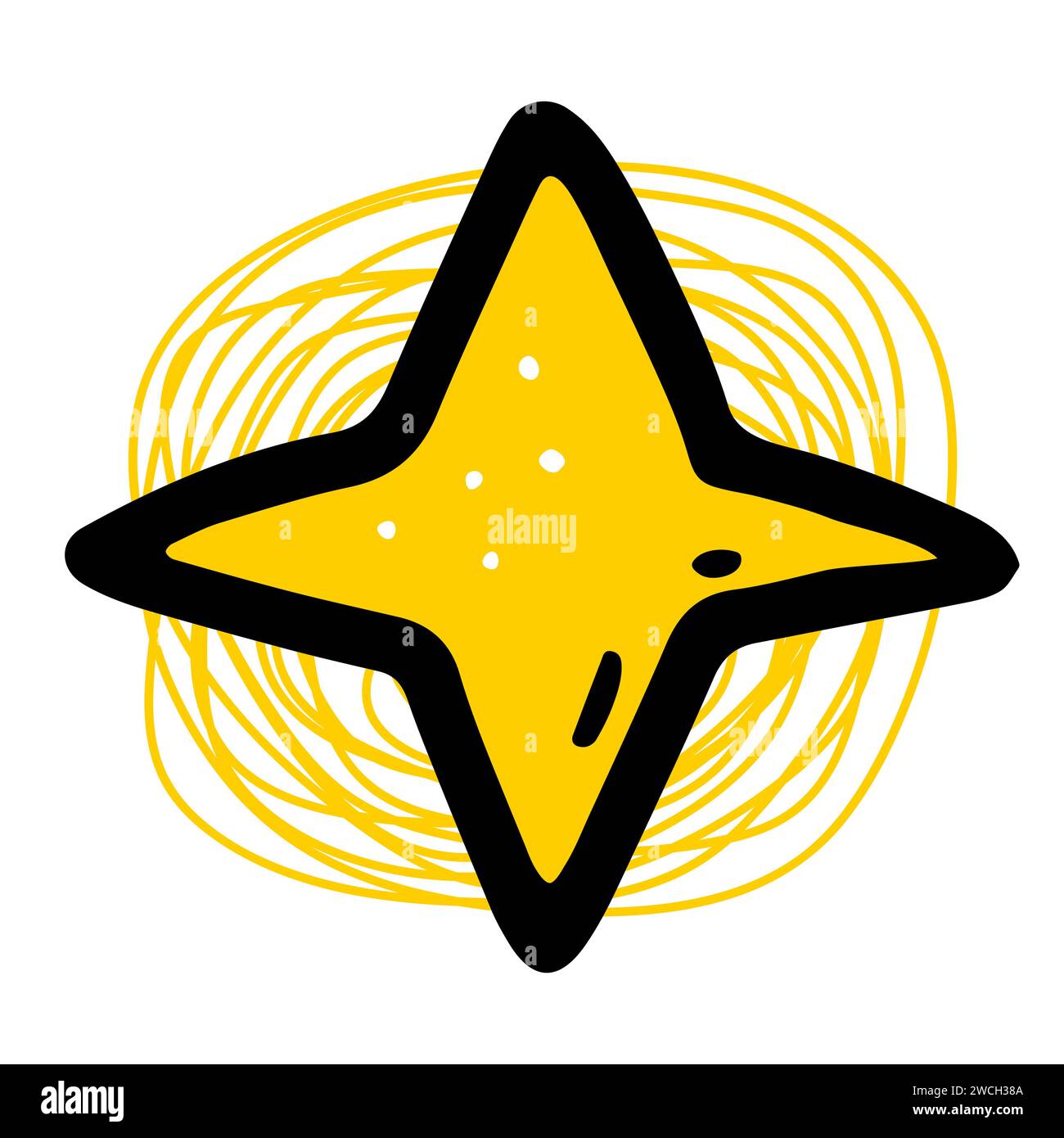 Space Doodle Star. Handgezeichnete gelbe Leuchtdekoration auf weißem Hintergrund. Astronomisches Objekt. Universumsmeteorit, Kometenzeichen. Astronomie, Astrologie, c Stock Vektor