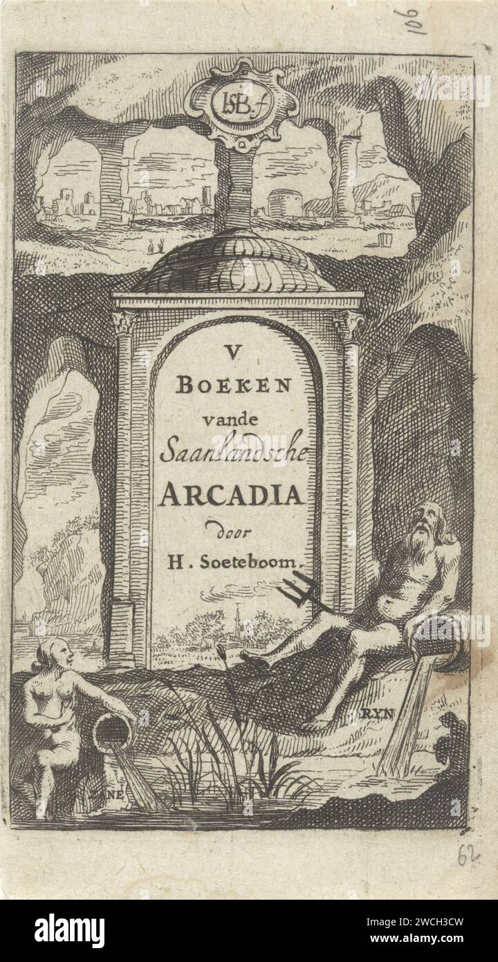 Flussgötter in der Nähe eines Tempels, Hendrik Jacobsz Soeteboom, 1658 Druck der Flussgott des Rheins sitzt an einem Tempel in einer Höhle, in der der Titel und Autor des Buches ausgestellt sind. Im Vordergrund steht die Flussgöttin des Zaan. Oben ein Blick auf eine Stadt im Hintergrund. Druckerei: Zaanda Verlag: Amsterdam Papierätzung / Gravur Fluss personifiziert: Rhein. fluss personifizierter Rhein (mit NAME). Zaan Stockfoto