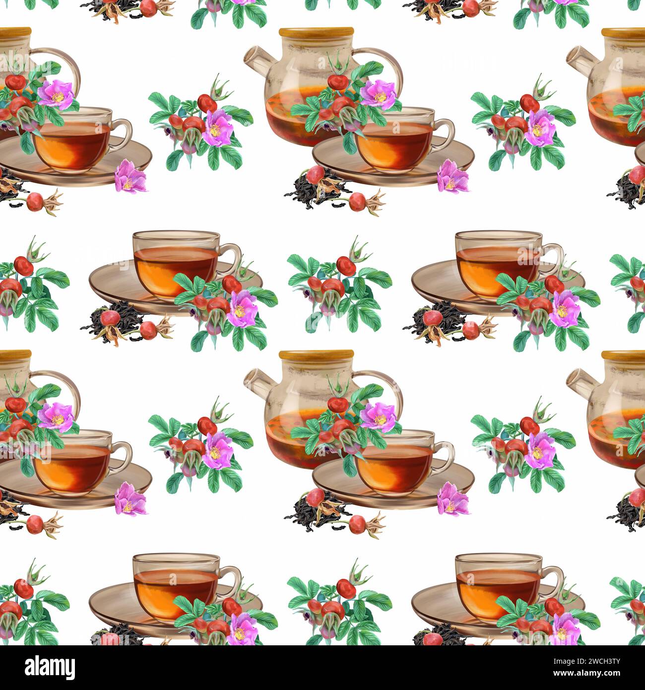 Teekanne, Tasse Tee, Hüftrosen, nahtloses Muster. Grafische Abbildung isoliert auf weißem Hintergrund. Designelement für Verpackungen, Karten, Banner, Cove Stockfoto