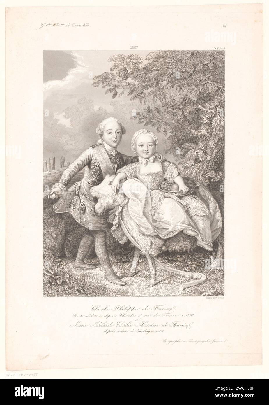 Porträt von Karl X. von Frankreich und Clothilde von Frankreich als Kinder, Amédée Félix Barthélemy Geille, 1838–1841 Druck nummeriert in der Mitte: 2597. Druckerei: Franzepublisher: Paris Papierätzung / Stahlgravur / Gravurlineal, souverän. Herrscher, Herrscher - BB - weibliche Herrscherin. Kind. Ziege Stockfoto